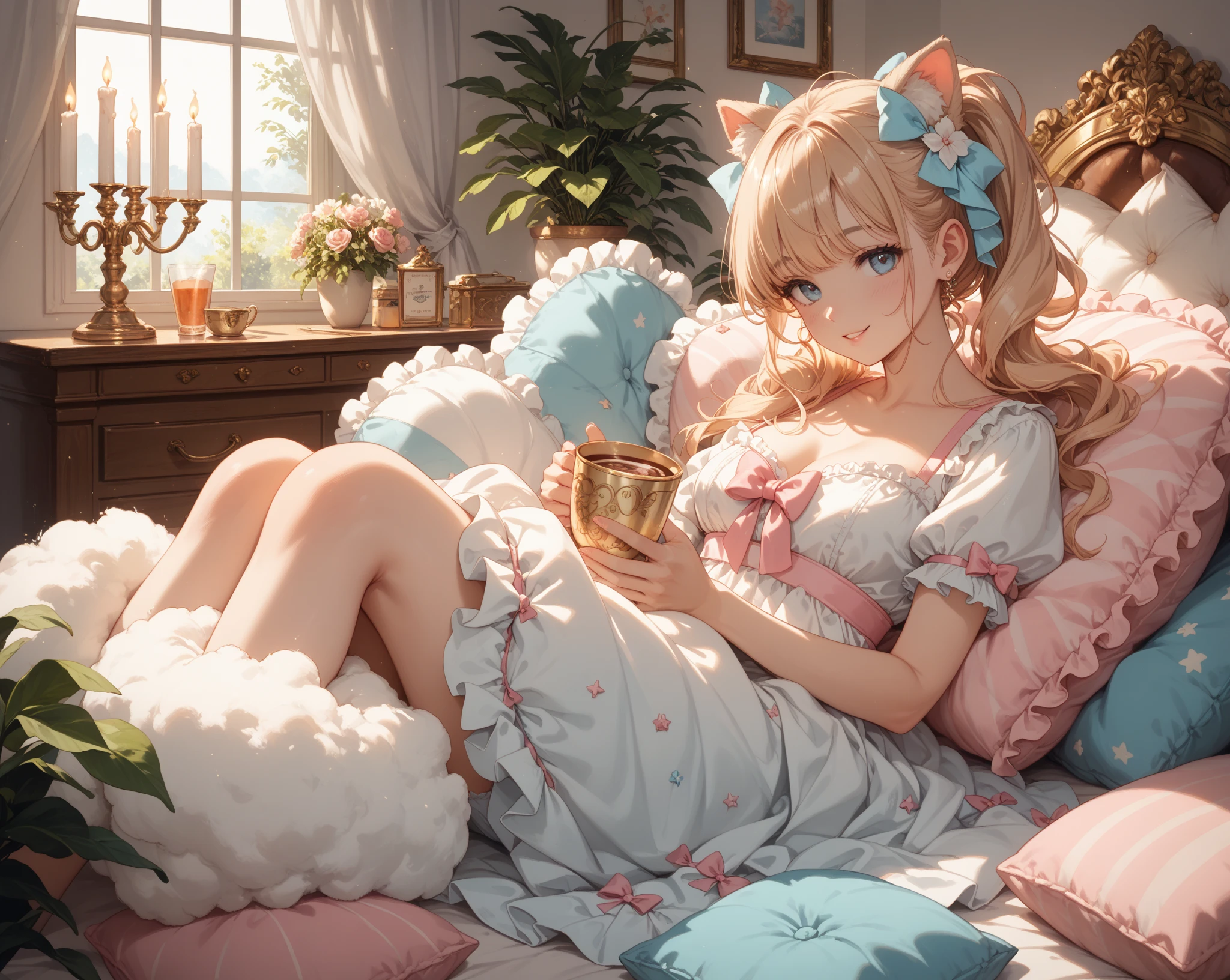 There a cat sitting on the pillow,Holding a coin in his hand, Kawaii cat, The smile of the cat, happy cat, Anime visuals of a cute cat, fat chibi grey cat, One cute cat, Cute cat, A smiling cat, cat design, anime cat, fat cat, Nothing, Cute big breasts:2, Illustration of a cat,Gold coins attract wealth
