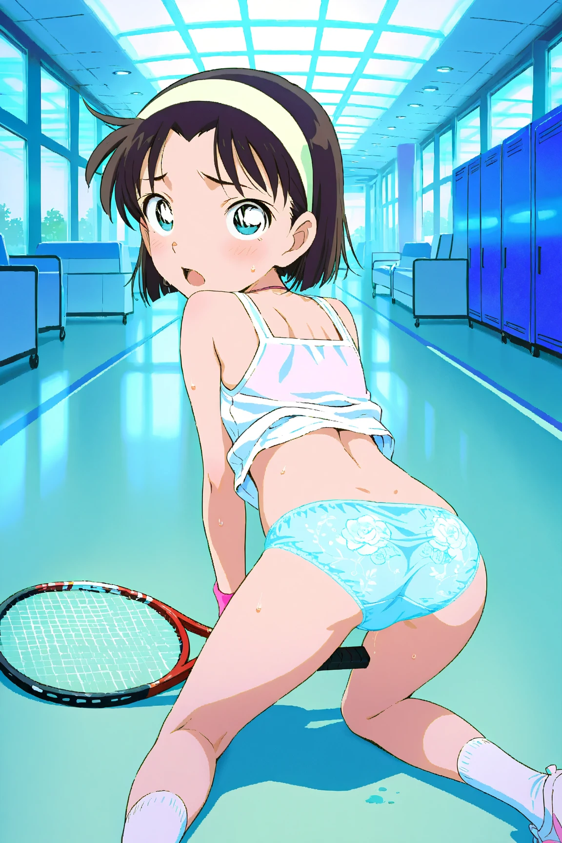tennis girl's massive rear butt cheeks out of bottomless slutty mini sweater out bare and brown boots, showing her butt, lying down, on bed, wearing oven mittens under big pillow, blindfold

