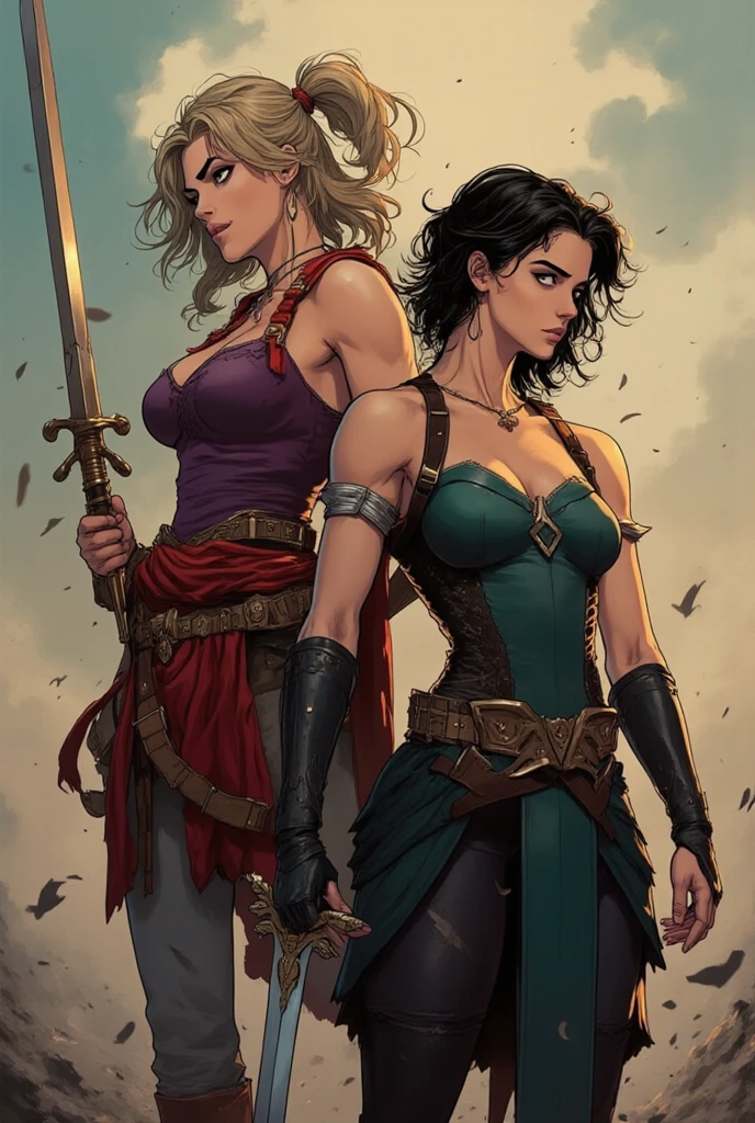 a medieval rogue embracing her wife, looking lovingly at each other, about to kiss, well built, cleavage, plate armor with fur elements, dark dungeon in the background