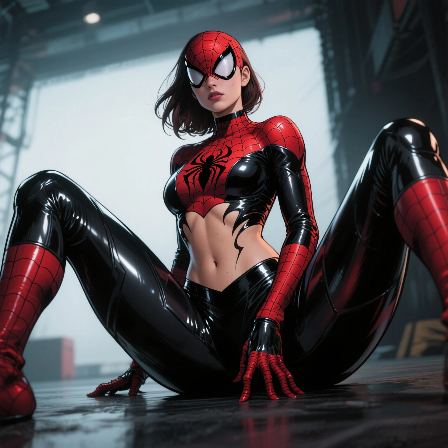 a photo of an attractive S033_RileyGuava, as (Spidergirl:1.1), (nighttime:1.3), (8k, RAW photo, best quality, ultra high res, photorealistic, masterpiece, ultra-detailed, Unreal Engine)