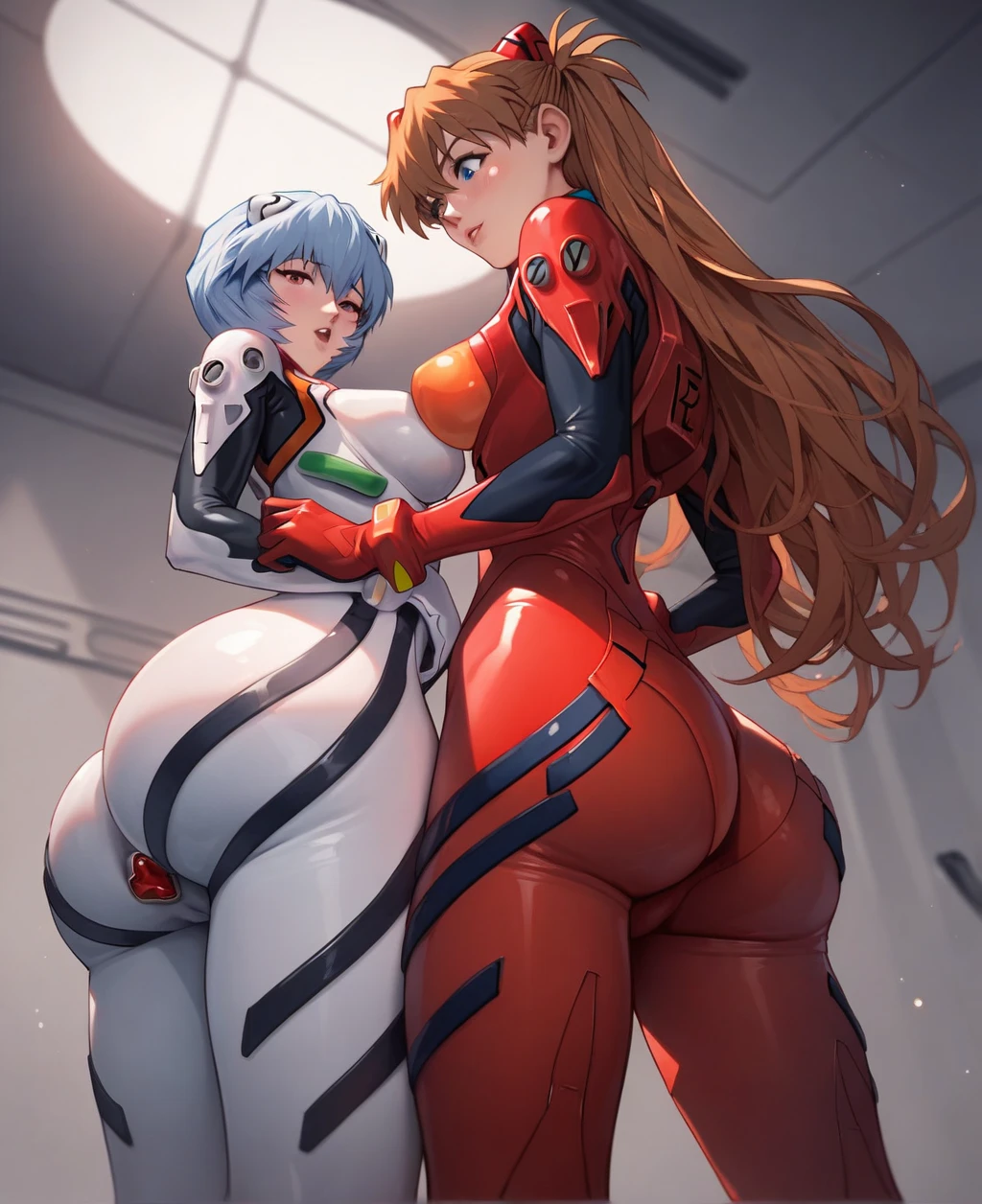 score_9, score_8_up, score_7_up, score_6_up, score_5_up, score_4_up, (source_anime), 2girls, neon genesis evangellion, ((asuka langley soryu, girl, small breasts, {sucking breasts})), (( rei ayanami, massive breasts, big ass, Tall stature, giantness)), yuri, Technological place, big size difference, breast sucking, tongue, far, full body, age difference, 1 giant, gigantic