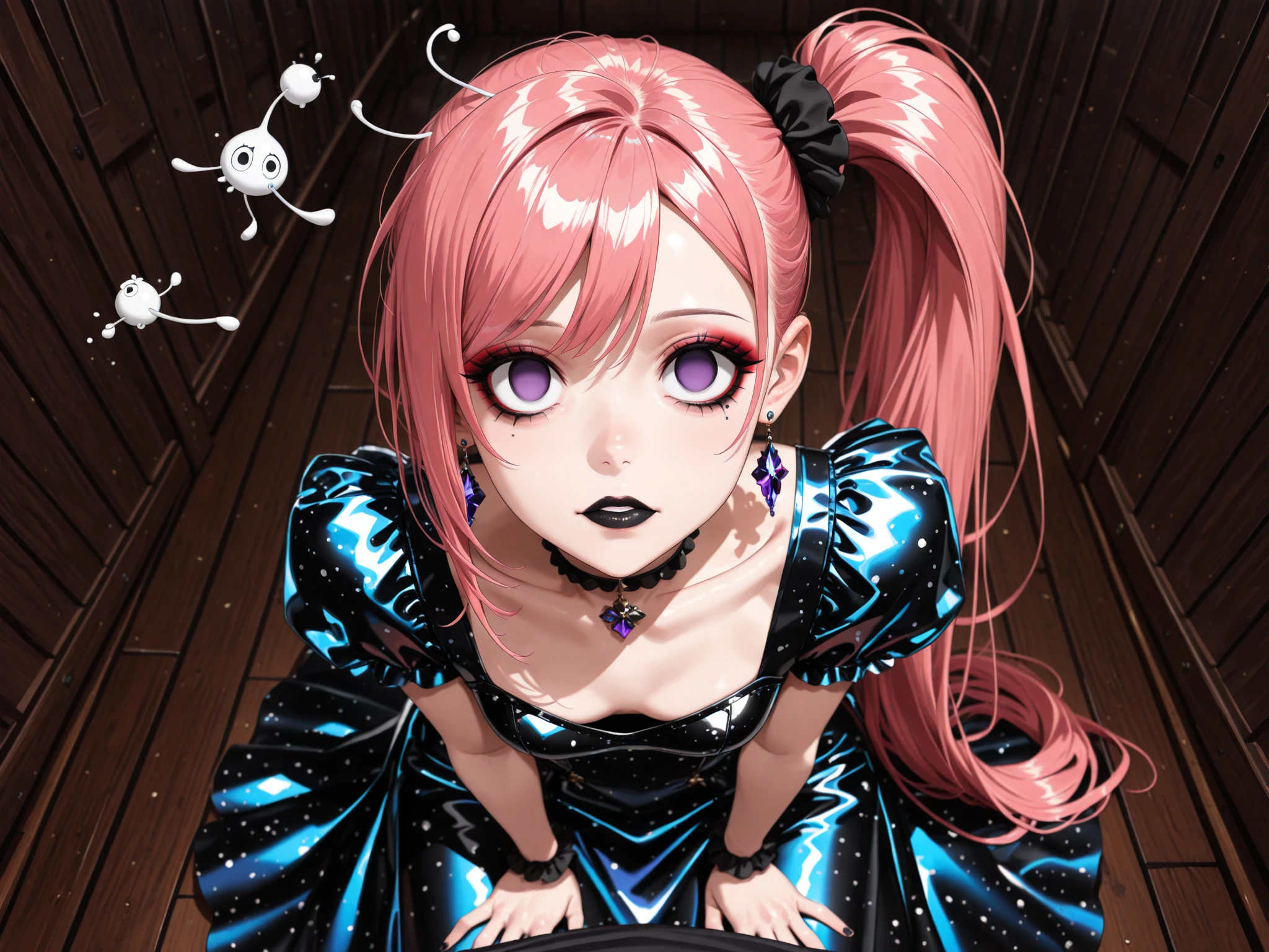 ultra-detailed illustration of cute girl, solo, pink long hair, octopus hair, blue eyes, mini top hat, black gothic dress, frilled dress, striped socks, garter belt, light particles, lace background, light smile, masterpiece, best quality, beautiful illustration, very aesthetic art