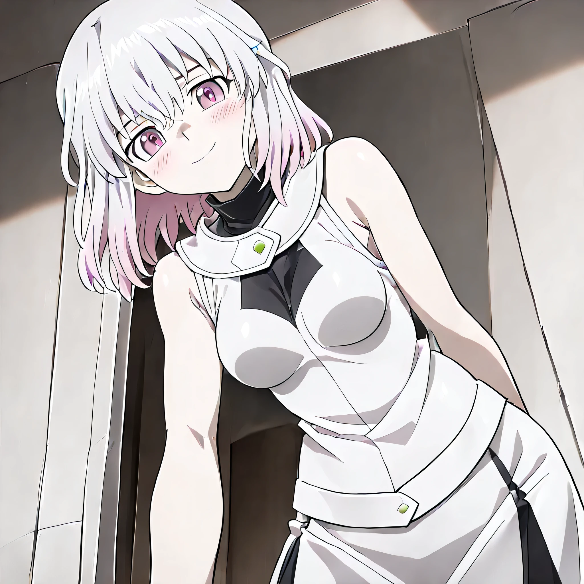 (((Masterpiece))), (((Best Quality))), ((Super Detail)), ultra-High resolution, score_9,score_8_up,score_7_up,score_6_up,score_5_up,score_4_up, BREAK, source_anime, anime screencap, uncensored, rating_explicit, Masterpiece, (absurdres), (detailed background), (very aesthetic), detailed beautiful eyes, outstanding, an exquisite animation illustration, curvy, highres, dark persona, Society of light, sleeveless, white shirt, white skirt, blue gloves, duel academy uniform (yu-gi-oh! gx), , (((solo, 1girl))), hair ornament, submissive pose,  pose, anime style, anime coloring, animification, megami magazine,  pose, , small , kurabe kikka, white hair, pink hair, multicolored hair, medium hair, pink eyes, leaning forward, looking at viewer, blush, embarrassed, smile, outstretched arm, reach out, palm up, twilight, beach, from below, arm behind back, tilt head, outdoor