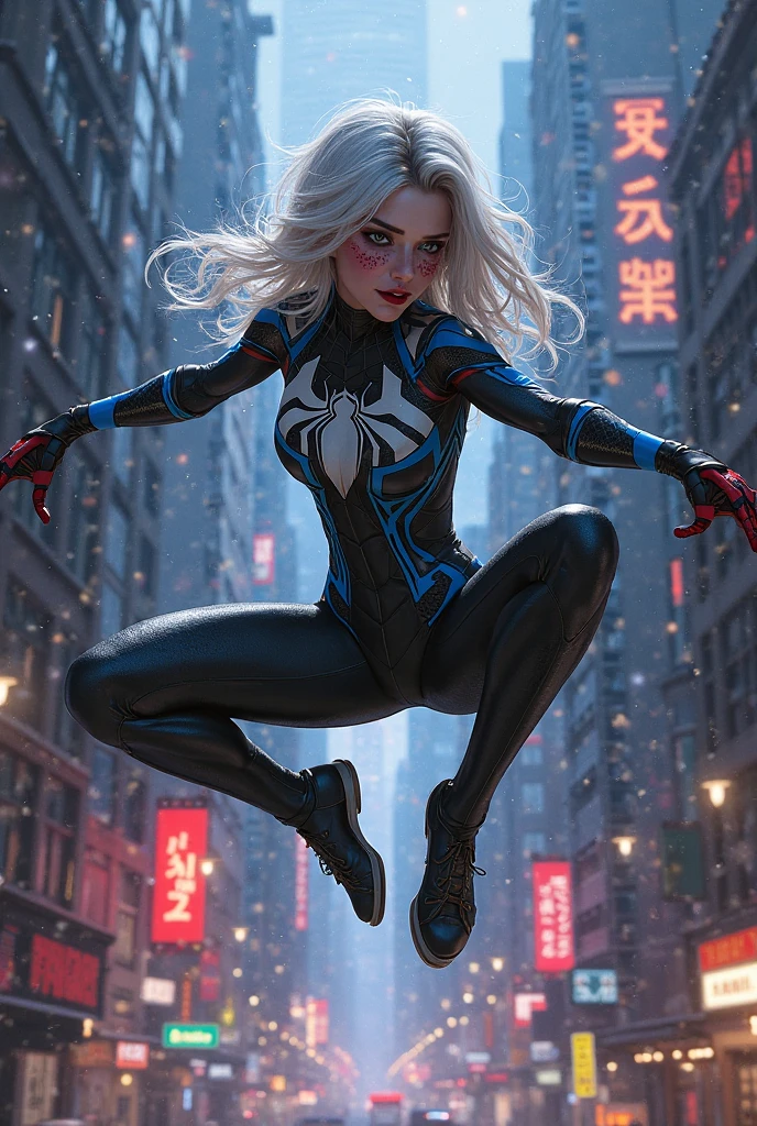 (Masterpiece, 4k resolution, ultra-realistic, very detailed), (White superhero theme, charismatic, there's a girl on top of town, wearing Spider-Man costume, she's a superhero), [ ((25 years), (long white hair:1.2), full body, (blue eyes:1.2), ((Spider-Man pose),show of strength, jumping from one building to another), ((sandy urban environment):0.8)| (cityscape, at night, dynamic lights), (full moon))] # Explanation: The Prompt mainly describes a 4K painting of ultra-high definition, very realistic, very detailed. It shows a superheroine at the top of the city, wearing a Spider-Man costume. The theme in the painting is a white superhero theme, the female protagonist has long white hair, is 25 years old and her entire body is shown in the painting. In terms of portraying the actions of superheroines, spiders are employed