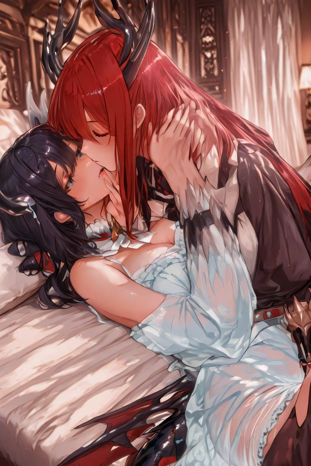 masterpiece, best quality, unity 8k wallpaper, illustration, very detailed, ((rape, sexual harassment, ache ,1 angel ,1 evil devil, first sound)),, sweat, Warmth, Hard, big bust ((In the dark of night ))(((kiss)))