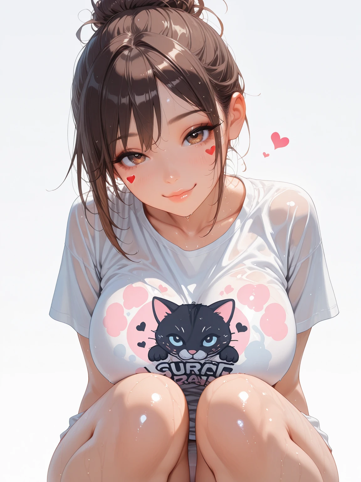 1girl,perfect ,black hair, long hair, (hair over one eye:1.4), messy hair, hair between eyes, plump chubby,fat, busty breast, cute motif pajama, cute shy blush on , bedroom