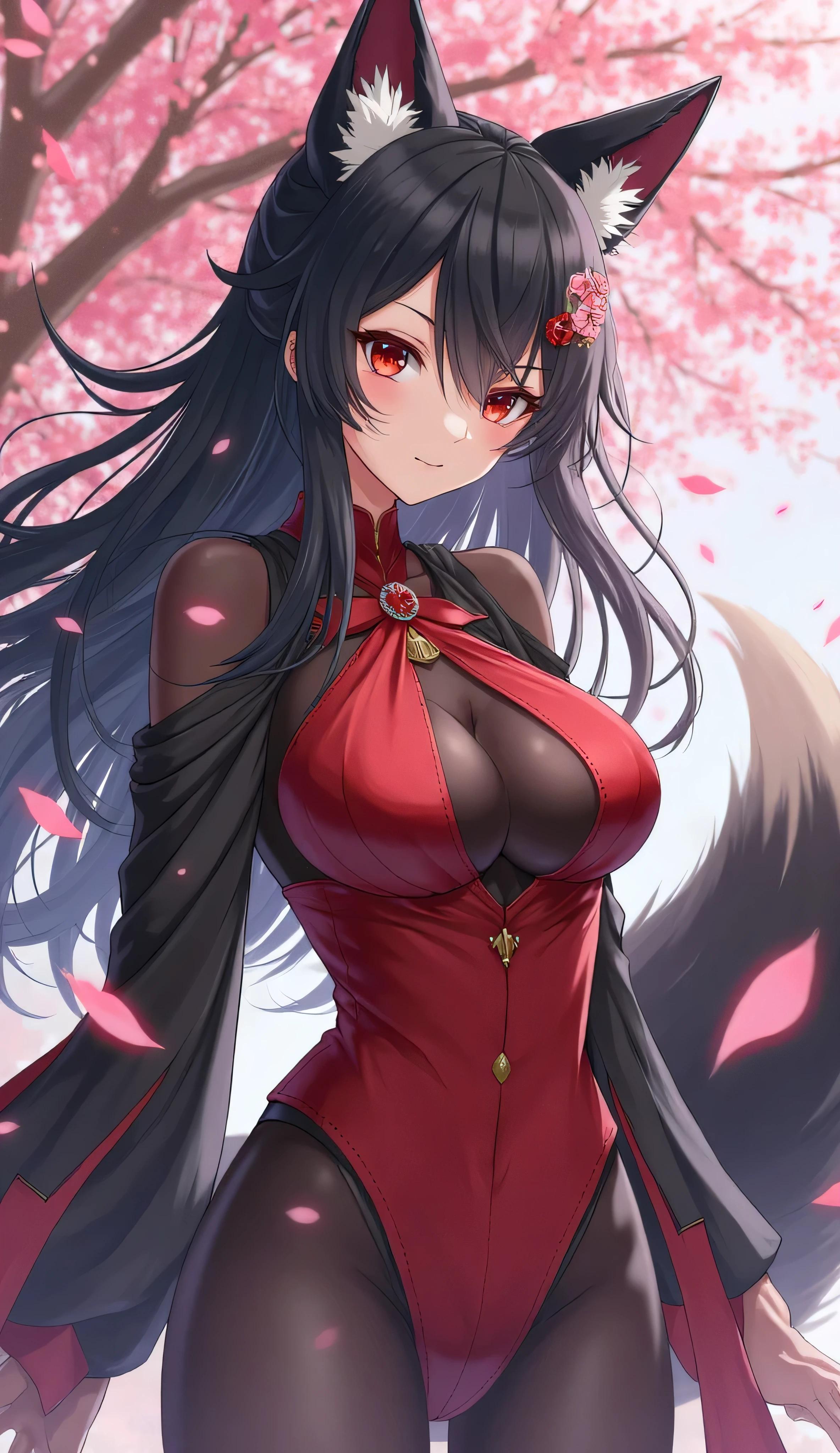 (Masterpiece, 4k resolution, ultra-realistic, very detailed), 1 girl, fox ears, fox girl, (multiple fox tails:1.5), sidelocks, brown hair, very long hair, bangs, (red eyes1.6), (red eyeliner:1.6), beautiful goddess woman, 40 years old, japanese clothes, tight clothes, cleavage, perfect body, perfect breasts, tight black skirt, (side slit:1.4), clothing cutout, thighs, (no panties:1.22), gloves, smile, white clothes,