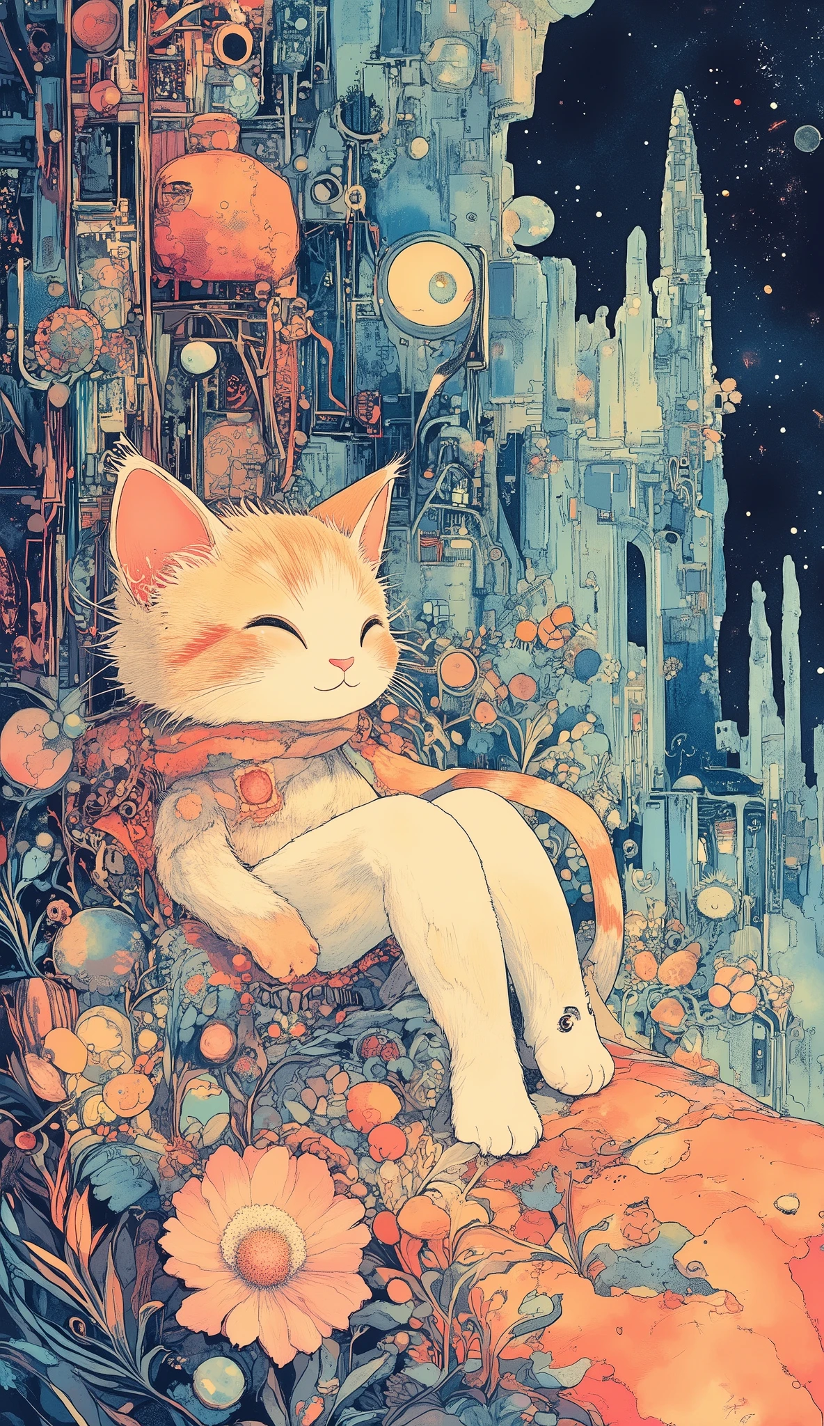 Dark Miyazaki anime fairy tale, pattern 1、A cat wearing a、easy-going cartoon-style cat、intricate art on large cloth、Juanelle_ manga