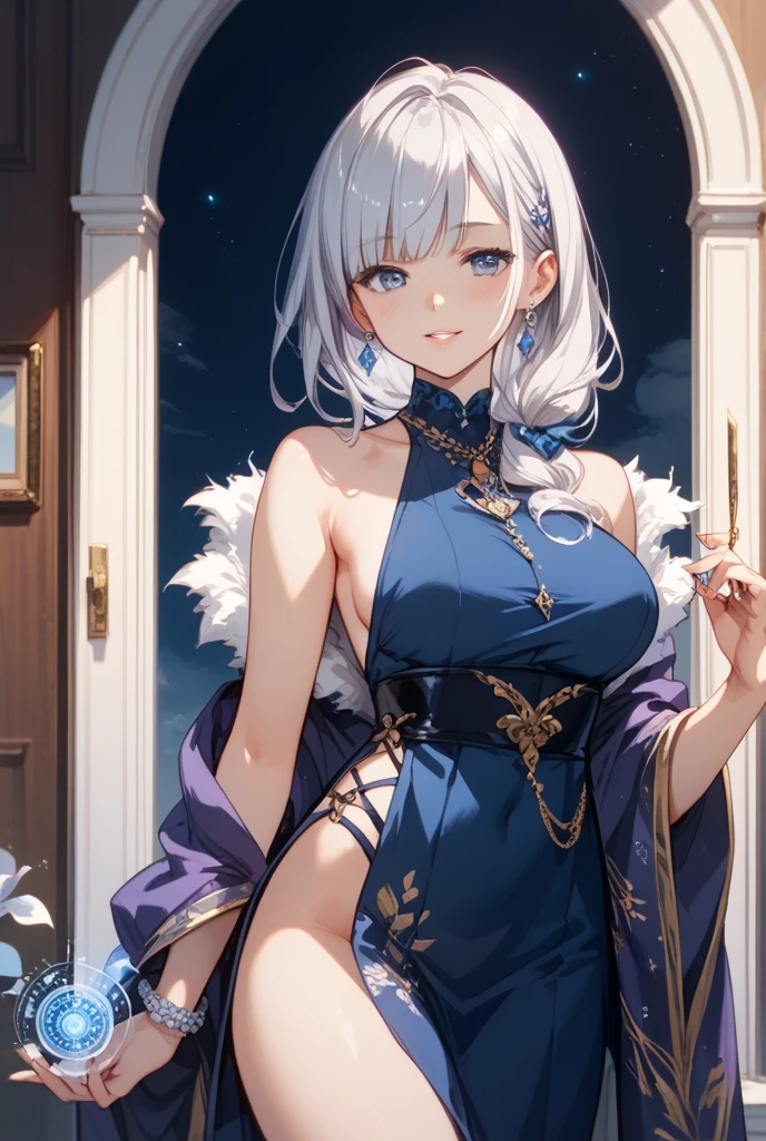 ((masterpiece,best quality)), 1girl, labrynth, , short hair, silver hair , fixed eyes , horn, no underwear, lying , smile,  legs crossed 