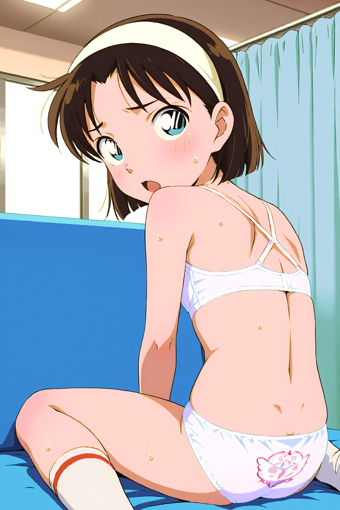 ((masterpiece)),((highest quality)),wallpaper,Ultra-high resolution,glowing eyes,detailed skin,detailed face,
4K,photograph,(beautiful,Small breasts:1.5),(Beautiful face:1.2),Beautiful feet,Perfect Legs,
Shiny skin,Anime key visual ,official style,Yoshida Ayumi,One girl, alone, brown hair, short hair, Sitting, smile, , bed, blue eyes, in the school,blue Border panties ,View your viewers,
