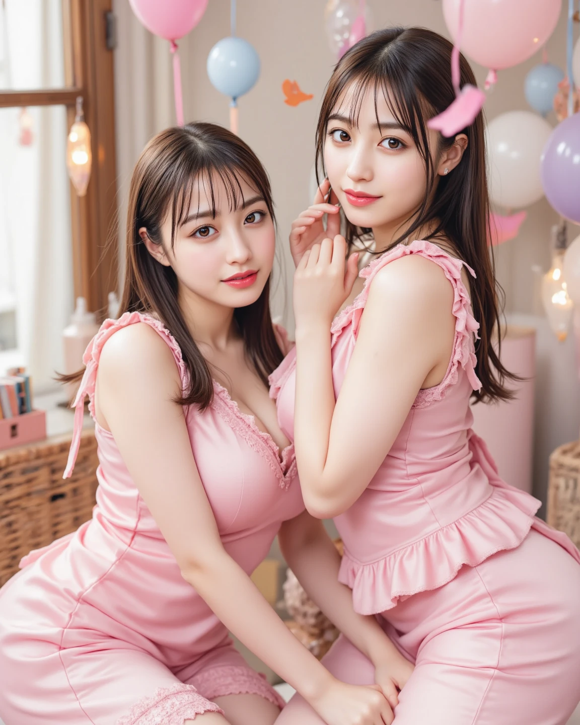 ((masterpiece: 1.4, best quality))+,(ultra detail)+, official art, unity 8k wallpaper, ultra detail, beautiful, high quality, Highlight your cute face, masterpiece, ((( two individuals:1.5))), best quality, ((semi straight medium length hair, Bangs up to the eyebrows)), (((On a luxurious bed in a top-class hotel))), (Very light pink off-shoulder lace-rich swimsuit:1.5)), (((bust:1.5))), High exposure, skinny body,masterpiece, high quality, 8 thousand, beautiful spotlight, No. 1 girl group idol in Korea, alone, ((brown eyes, Yellow hair:1.3)), ((colorful earrings, white neck choker, white short lace gloves)), 18 years old, small face, looking at viewer, (hairpin with larger ribbon:1.4),(skinny abs:1.2), (They look at each other and look very happy :1.5), ((Both cheeks turn red)), 정확한 two individuals의 몸과 팔다리 구분:1.5