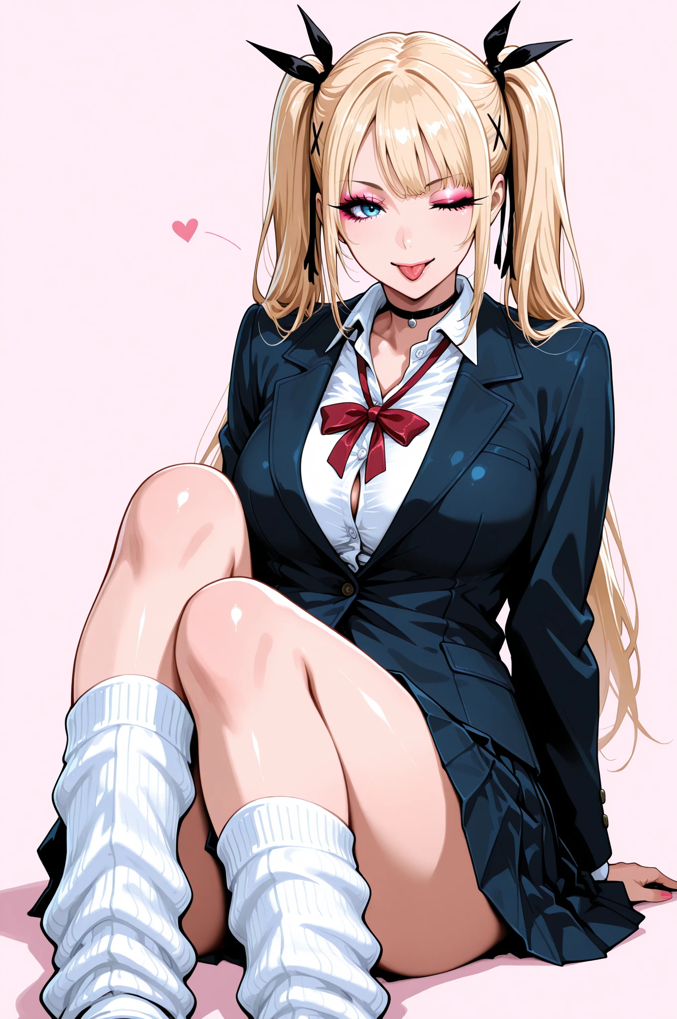 a girl sitting on floor, evil smile, blonde long high ponytail, long leg, school uniform, blue skirt, white socks