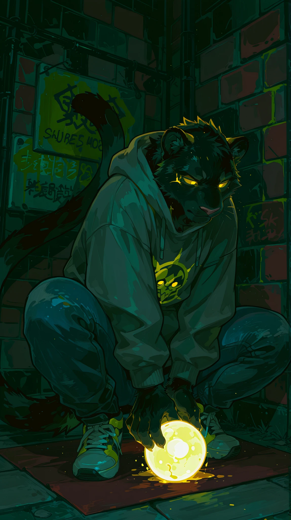 A panther furry with pitch-black fur that absorbs light and has an oil-glossy sheen, standing tall, lean, and muscular with defined muscle striations visible through the clothing, featuring a sharp facial structure with an angular jawline and dangerous slit-pupil eyes glowing molten gold, its long tail curving elegantly at the tip, dressed in modern street clothes consisting of a faded gray hoodie with the hood down, revealing his fur, a simple black t-shirt underneath, and distressed blue jeans with worn sneakers, performing street magic in a bustling urban setting with graffiti-covered brick walls, dim streetlights casting long shadows, and crowds of pedestrians walking past without stopping; he is crouching on a worn mat, attempting to levitate a small glowing orb with his clawed hands, but the orb flickers weakly as he looks down with a dejected expression, shoulders slumped, and his tail drooping low to the ground, conveying disappointment and hunger. masterpiece, best quality, 8K resolution, HDR, 4K resolution, sharp focus, vibrant colors, anime cel-shading style: Semi-realistic anime with detailed furry features