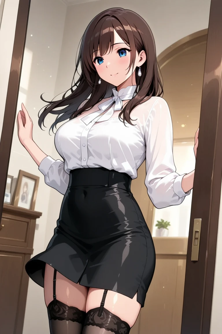 masterpiece, best quality, ultra detailed, ultra high resolution, very detailed face, solo, ((raw photo)), 22 years old japanese woman, (((office lady, white blouse))), (((black short tight skirt))), glasses, ((brown bob hair, ponytail)), (((medium  breast))), ((little angry)), ((sweat:1.2)), ((hands on the hip)), in the night bedroom