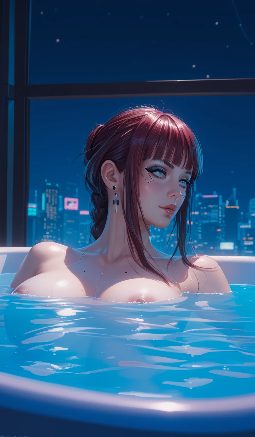 a picture of a woman sitting in an infinity pool on top of roof in a modern city, watching sunset over the city,