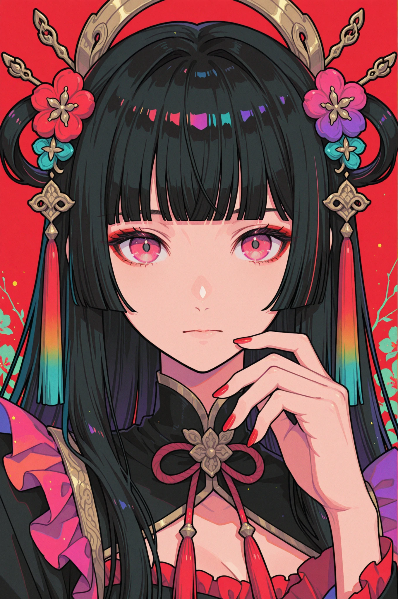 woman, solo, red nails, looking at viewer, bangs, pink eyes, long hair, black hair, hair ornament, hand up, flower, blunt bangs, closed mouth, tassel, ribbon, portrait, colorful, red background, frills, multicolored hair, upper body,