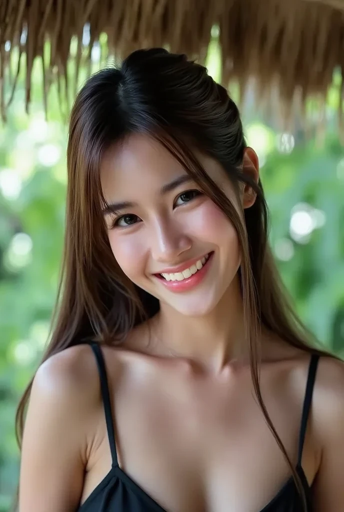 Highest quality、High resolution、Fine skin、Flexible hair、Beautiful eyes、Sexy Swimwear、Sexy Bikini、Japanese Model、Brown Hair、Updo、slender、A sly smile、Chest close and emphasis、front、double eyelid、On all fours