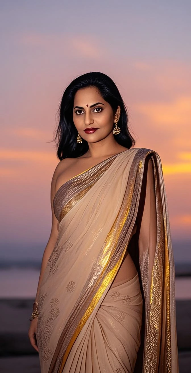 Beautiful Indian girl, 8K resolution, ultra-high quality, realistic with a curvy body, smooth glowing skin, wavy hair, and attractive makeup. Full-body shot in a mysterious background, focusing on detailed features and a stylish dress.