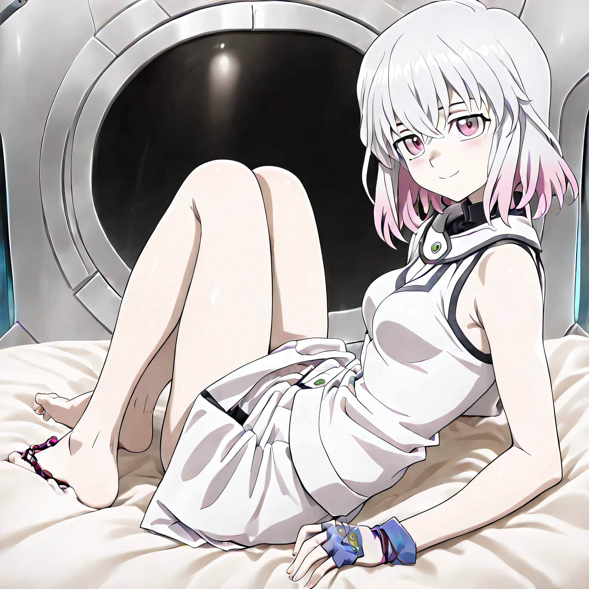 (((Masterpiece))), (((Best Quality))), ((Super Detail)), ultra-High resolution, score_9,score_8_up,score_7_up,score_6_up,score_5_up,score_4_up, BREAK, source_anime, anime screencap, uncensored, rating_explicit, Masterpiece, (absurdres), (detailed background), (very aesthetic), detailed beautiful eyes, outstanding, an exquisite animation illustration, curvy, highres, dark persona, Society of light, sleeveless, white shirt, white skirt, blue gloves, duel academy uniform (yu-gi-oh! gx), , (((solo, 1girl))), hair ornament, submissive pose,  pose, anime style, anime coloring, animification, megami magazine,  pose, , small , kurabe kikka, white hair, pink hair, multicolored hair, medium hair, pink eyes, lying, looking at viewer, embarrassed, half-closed eyes, smile, on bed, space ship interior, looking from side, view from side, from side, on back, full body