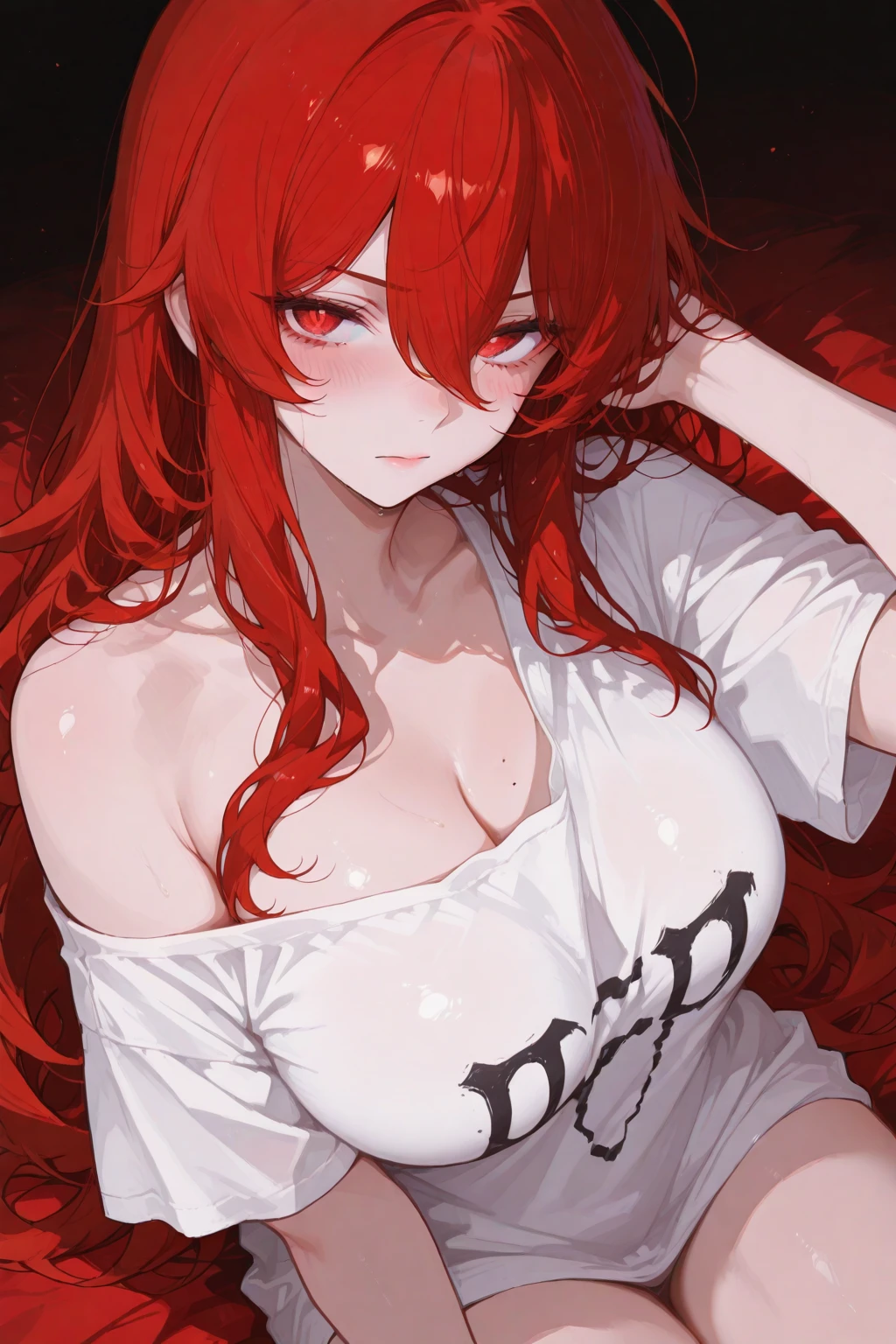 masterpiece, best quality 1girl, solo, beautiful woman, messy bangs, red hair, long hair, hair two side up by black bows , yellow eyes, angry, large breasts, toned stomach, white tank top, long black coat, figureless black gloves, black pants, arms crossed, fantasy looking at viewer, woods background
