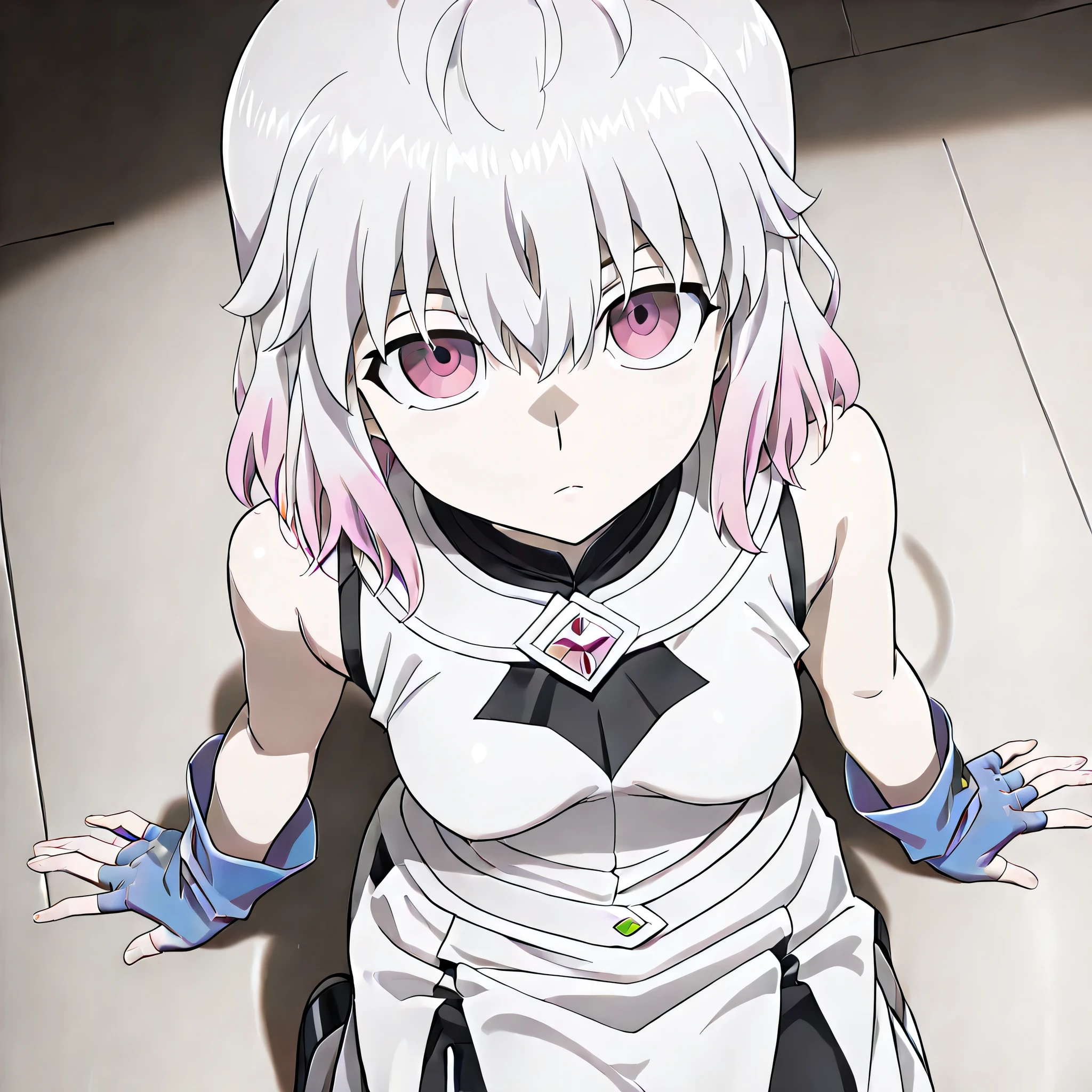 (((Masterpiece))), (((Best Quality))), ((Super Detail)), ultra-High resolution, score_9,score_8_up,score_7_up,score_6_up,score_5_up,score_4_up, BREAK, source_anime, anime screencap, uncensored, rating_explicit, Masterpiece, (absurdres), (detailed background), (very aesthetic), detailed beautiful eyes, outstanding, an exquisite animation illustration, curvy, highres, dark persona, Society of light, sleeveless, white shirt, white skirt, blue gloves, duel academy uniform (yu-gi-oh! gx), , (((solo, 1girl))), hair ornament, submissive pose,  pose, anime style, anime coloring, animification, megami magazine,  pose, , small , kurabe kikka, white hair, pink hair, multicolored hair, medium hair, pink eyes, expressionless, emotionless, blank eyes, empty eyes, looking at viewer, looking from above, view from above, from above, church, holy, kneeling, 