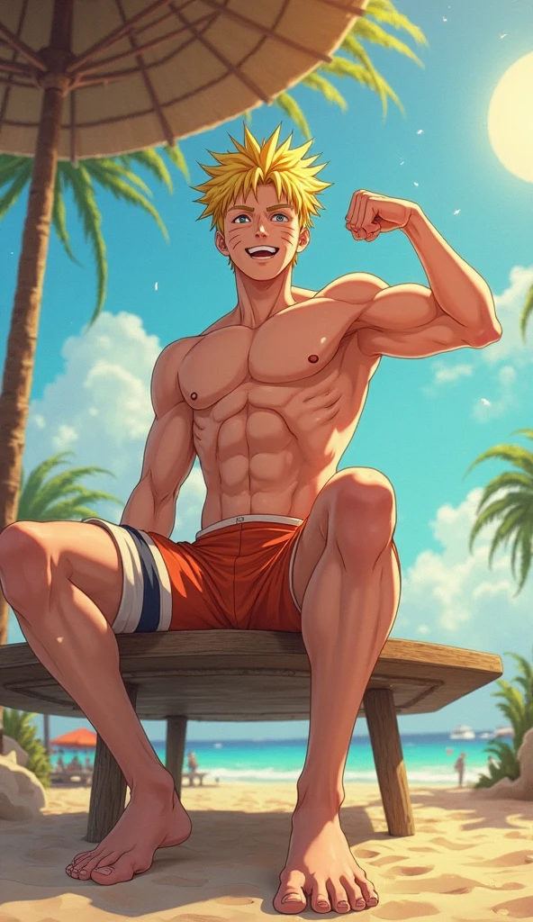 masterpiece, 3d, Bakugo Katsuki, muscled, chilling at the beach, no shirt, hands on back of head, only wearing a black underwear with a orange line on the top, light smile