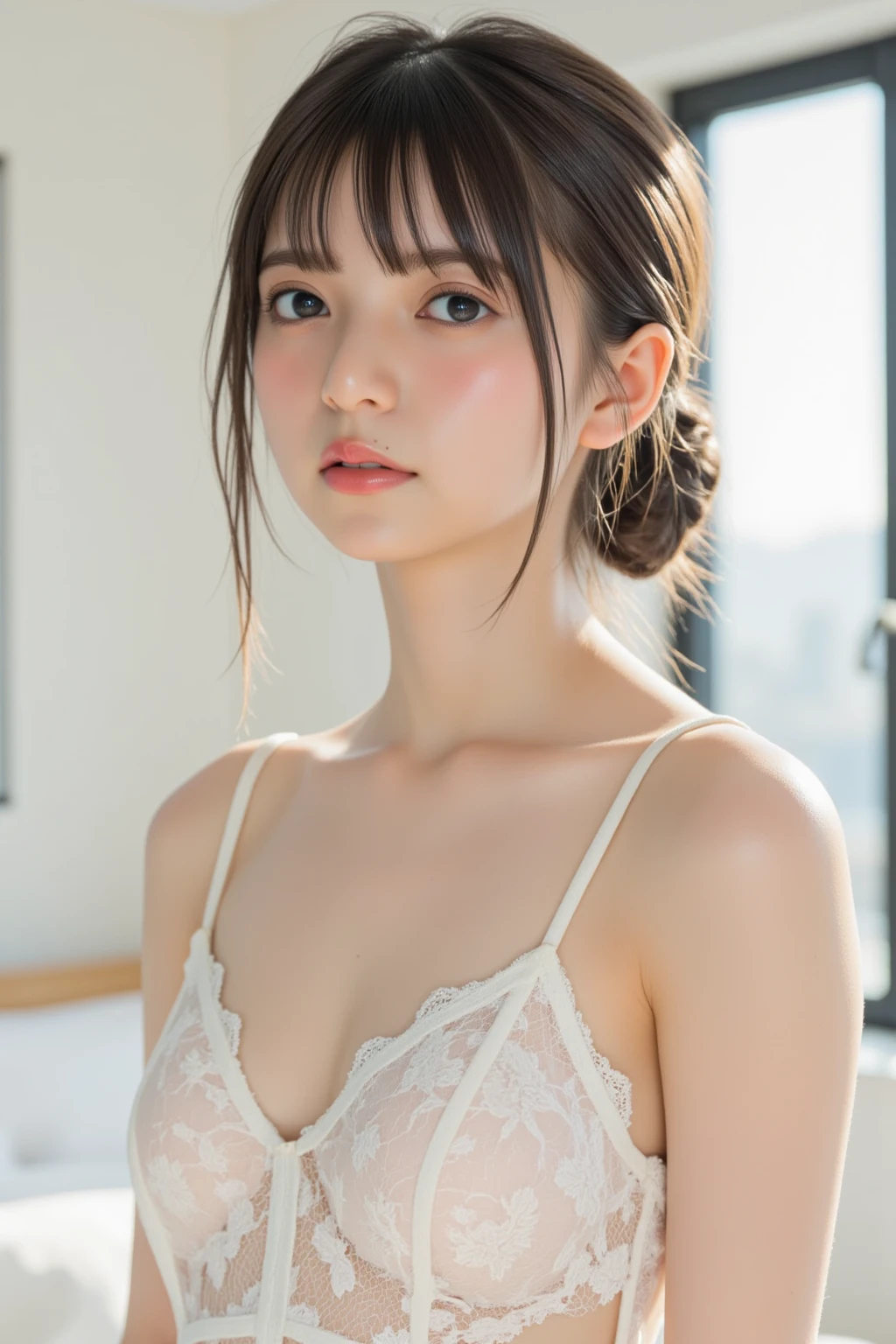 1womanl,small breasts, ,((Impatient expression)),Beautiful breasts,(thin white tanktop),well-styled,,(Facing the front)(((Blushing cheeks、Surprised look)),(((short braid))),((( Portrait from the knee up))), Blue eyes,(((Bangs are aligned)))((see -through))((Sexy bra))(Wet with water),