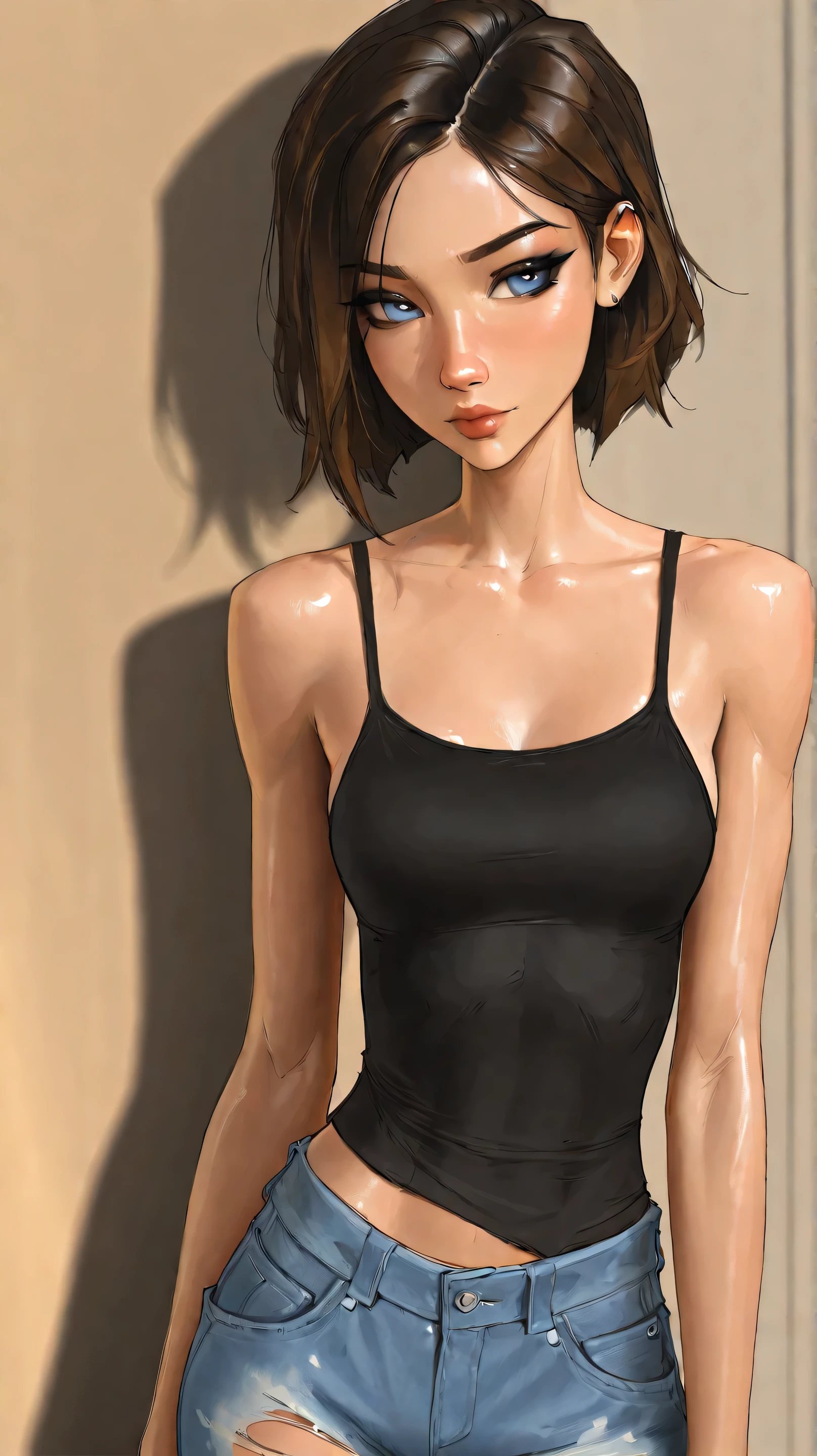 TEW2Juli, 1girl, skinny, short brown hair, pale blue eyes, eyeliner, seductive, torn up baggy jeans, , sam yang, shirow masamune art style, masterpiece, best quality, very aesthetic, movie quality, depth of field, soft saturation, focused subject, ,official style, shiny skin, closeup,