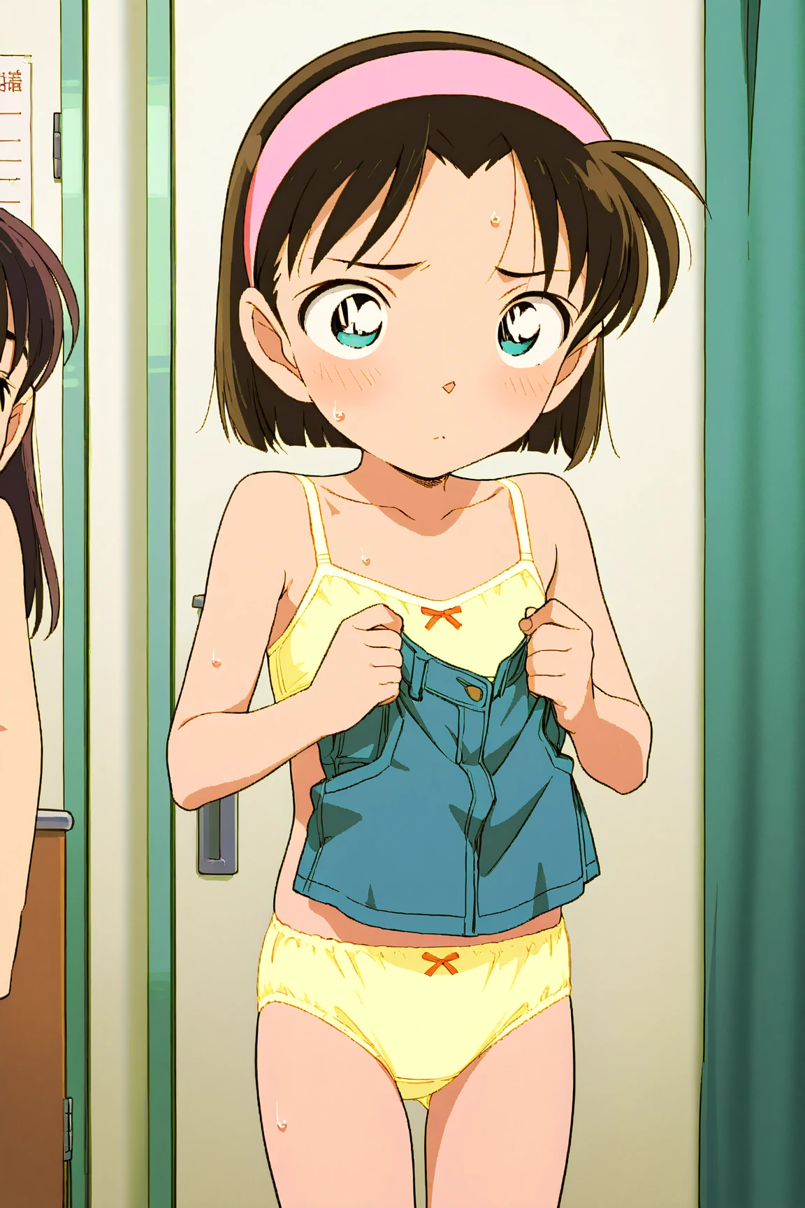 1girl, solo, mayumi hitomi, casual clothes, upper body, pants, long hair, looking at viewer, smile, no nose, 1girl,masterpiece, expensive quality, very_expensive_solve, big_file size, full color,(completely nude:1.2),pussy,niplles,(vaginal sex:1.2),(toddler:1.6),(chibi:1.3),(flat chest:1.5),
