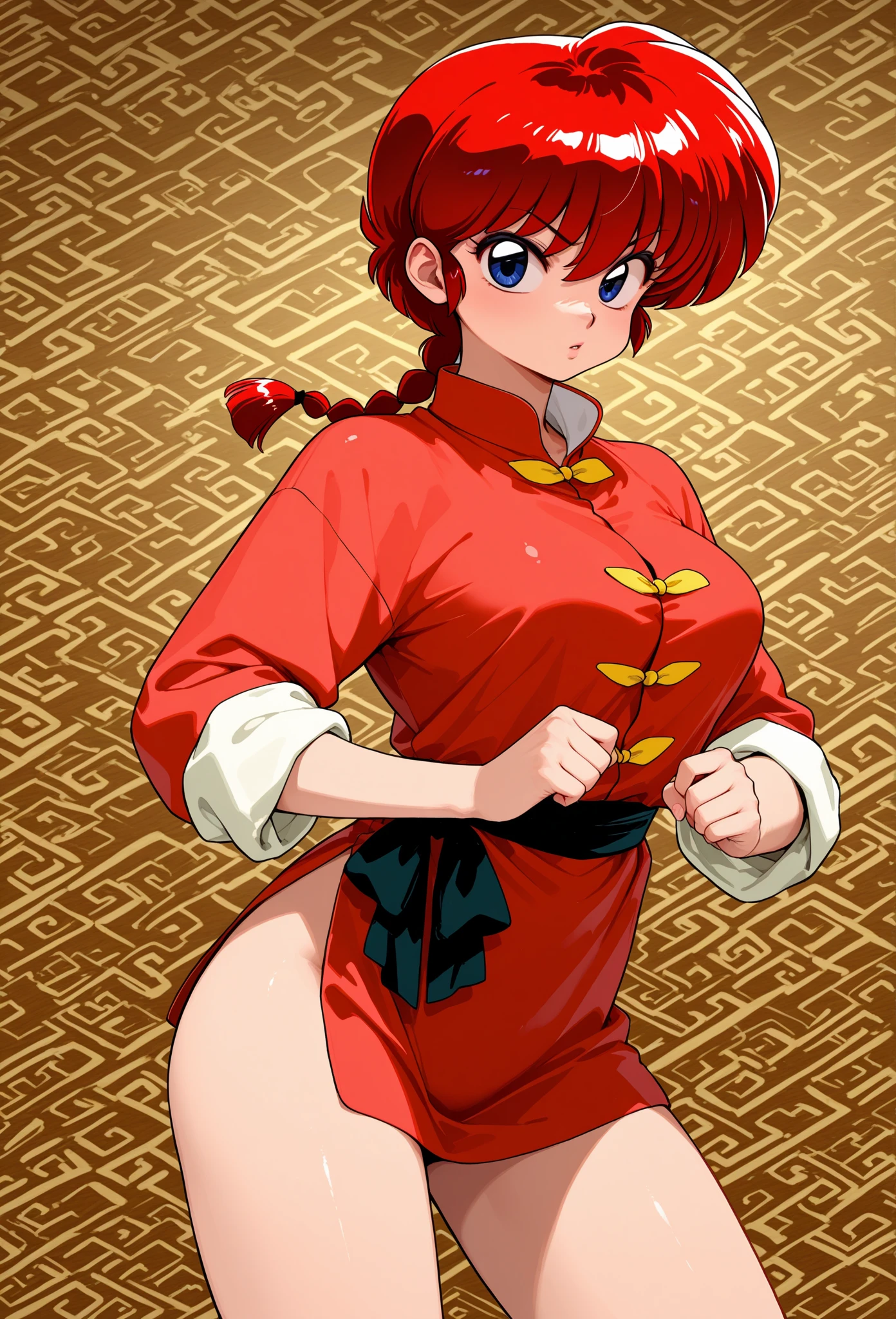 ((((masterpiece)))), high quality, very_high_resolution, large_filesize, full color, heavy outline, clear outline, colorful, (beautiful detailed eyes), (beautiful face:1.3), boyish face, 1 girl, (femaleranma), (red hair), short hair, (braided ponytail), ((bangs)), bumpy bangs, blue-gray eyes, big breasts, curvy, completely nude, black-wristbands, (standing), hand on hip, front view, full-face blush, cameltoe, pink striped sports bra, pink striped pantie, ((Chibi:1.3)), 1girl, solo, cute, young sister, (red har, single braided ponytail hair), (jitome, fangs, open mouth), ((ranma-chan)), ((outfits:chinese clothes)), dynamic angle, exciting, takahashi rumiko, 1990s \(style\), retro artstyle, watercolor\(medium\)