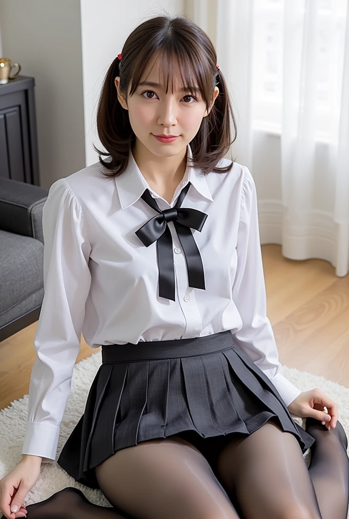 (1girl), (round eyes:1.2), (highly detailed face and eyes), refreshing smile, Amazing face and eyes, (school uniform, skirt, bow tie:1.3), (Best Quality:1.4), (Ultra-detailed), (extremely detailed CG unified 8k wallpaper), Highly detailed, High-definition raw color photos, Professional Photography, Realistic portrait, indoors, (casual room, cute wallpapers:1.3), (A moment of relaxation), model, (studio photo shoots, cute backgrounds), flower decorations, depth of fields, (fine face:1.2), summer,