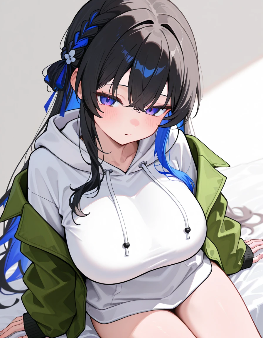 (((slightly big breasts))), ((best quality)), ((masterpiece)), (detailed), (((perfect face))), (((slender 16yo teen girl wearing teal zip hoodie))), (((gray sweatpants))), ((brunette, dark brown hair)), ((long wavy hair)), (((green eyes))), ((shy:1.3)), ((blushing:1.5)), (((siting on bed)))
