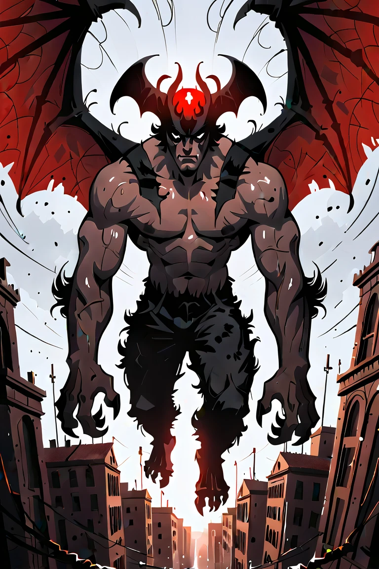 Muscular demon man, hair covering eyes, black skin, Black pants
