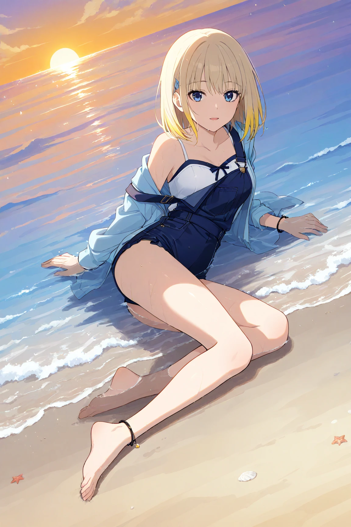 1man,Golden hair,pony tails,blue color eyes,beachside,swim wears,No bra,Sitting