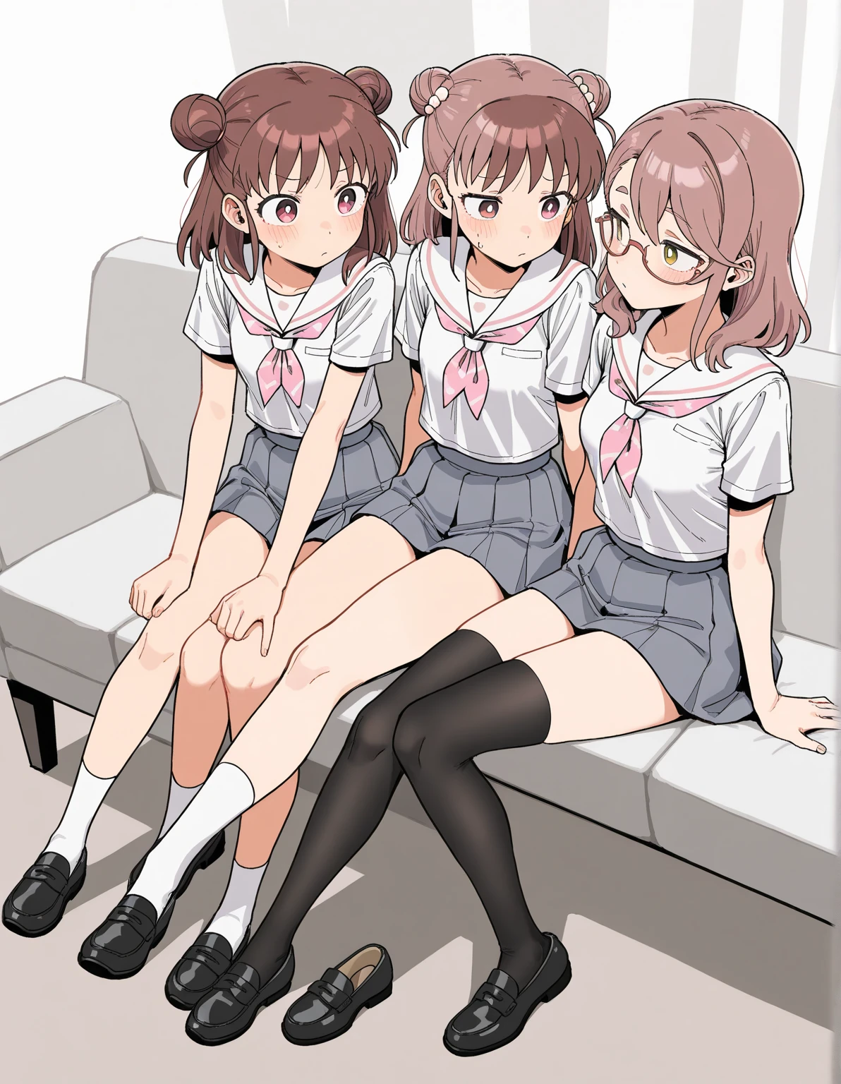 Highest quality, Ultra-high resolution, (Realistic: )2D official style cel animation,((2Girls sitting in a row))Primary school students、brown、ponytail、White Big Ribbon、Glasses、Blue Check Mini Skirt,Summer Shirts,Unbutton、(Lace panties),loose socks,sneakers,Full body portrait,(From below),Station stairs,sunny,Spread your legs、from the front、blush、