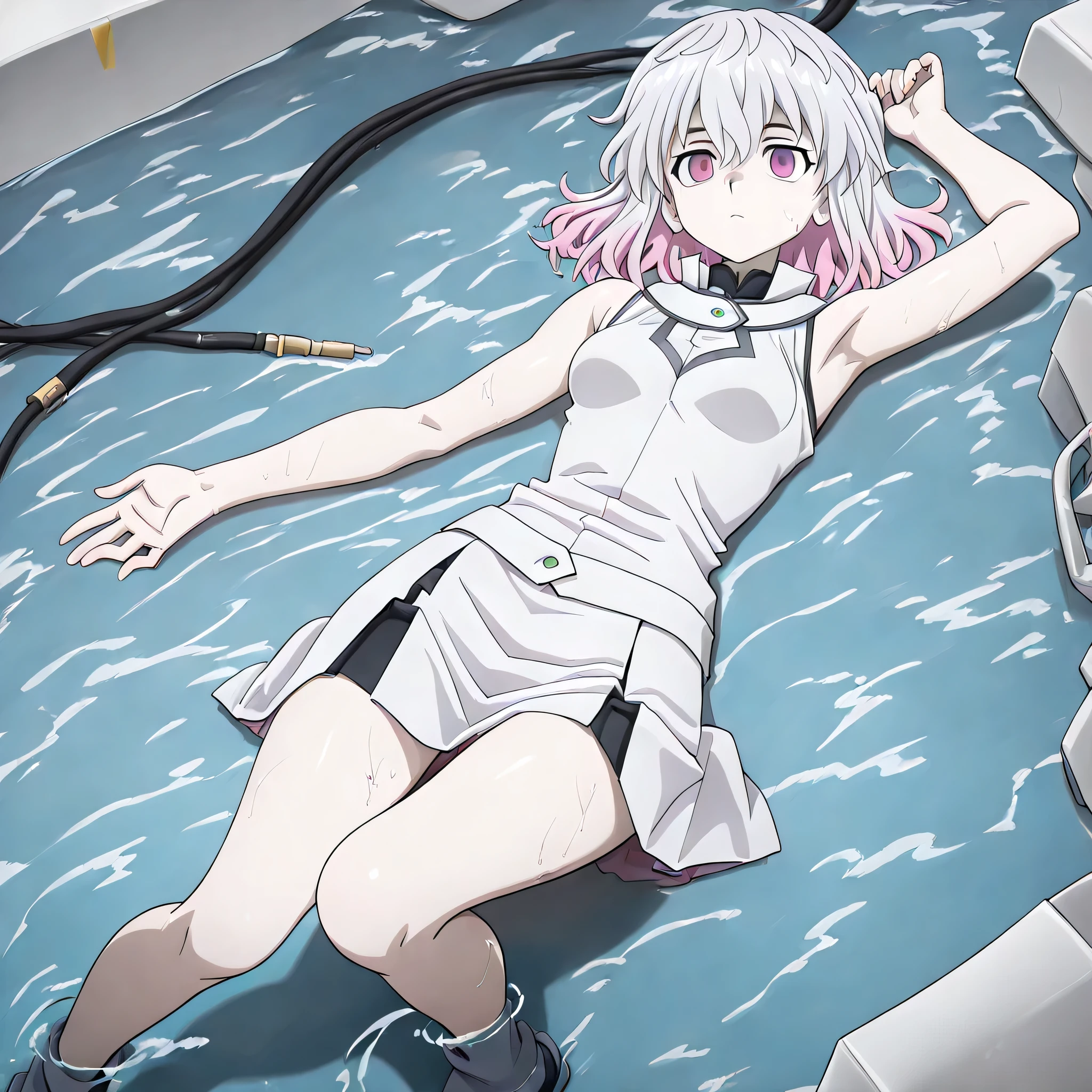 (((Masterpiece))), (((Best Quality))), ((Super Detail)), ultra-High resolution, score_9,score_8_up,score_7_up,score_6_up,score_5_up,score_4_up, BREAK, source_anime, anime screencap, uncensored, rating_explicit, Masterpiece, (absurdres), (detailed background), (very aesthetic), detailed beautiful eyes, outstanding, an exquisite animation illustration, curvy, highres, dark persona, Society of light, sleeveless, white shirt, white skirt, blue gloves, duel academy uniform (yu-gi-oh! gx), , (((solo, 1girl))), hair ornament, submissive pose,  pose, anime style, anime coloring, animification, megami magazine,  pose, , small , kurabe kikka, white hair, pink hair, multicolored hair, medium hair, pink eyes, armpit, arm up, in water, submerged, cable, sweat, wet body, soak, experiment, lying down in water, lying down, expressionless, emotionless, blank eyes, empty eyes, full body