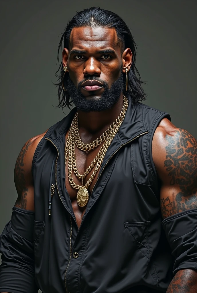 Tall African American man. Standing his arms in front hold his hands down. His eyes are bright hazel. He has tattoos on his arms and writing on his chest. He has facial hair in his chin and above his lips. He is wearing muy thai boxing shorts and he has shorter afro hair