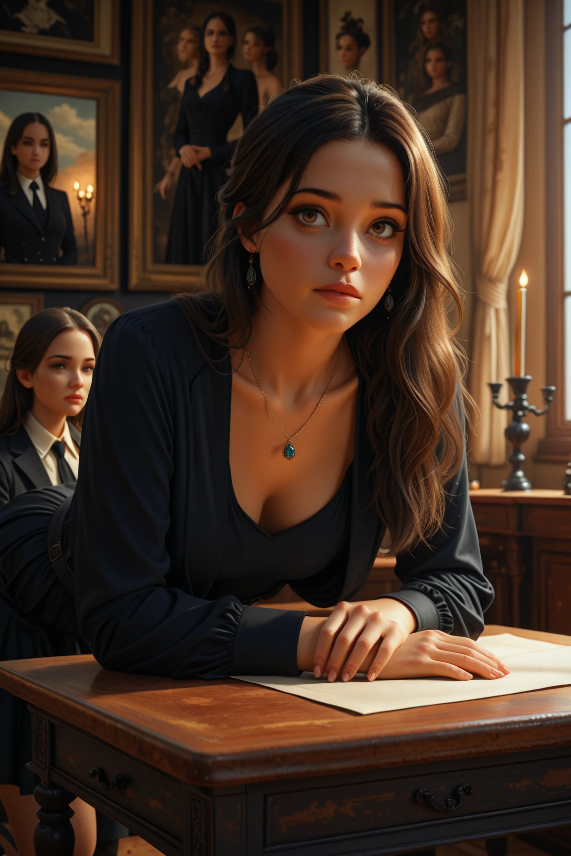 1girl, beautiful teenage girl, small breasts, revealing ornate navy blue dress, short wavy brown hair, portrait, oil painting, modern, realistic proportions, intricate, intricate details, sharp focus