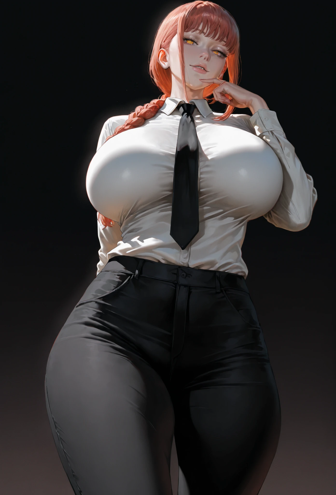 a beautiful detailed girl with long braided red hair and bangs, piercing yellow eyes and ringed eyes, wearing a white shirt and necktie, (photorealistic:1.4), (best quality,8k,uhd,masterpiece:1.2),beautiful lighting, RAW photo, film grain, Thick breasts and thighs, sexy clothes attracting attention