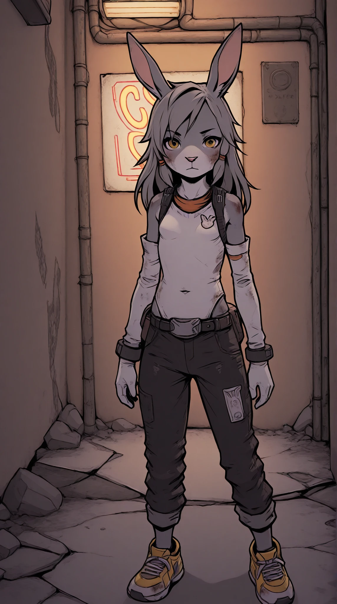 score_9,score_8_up,score_7_up,score_6_up,score_5_up,score_4_up,source_furry,furry,anthro,detailed face eyes and white fur, femboy, white rabbit, white long hair, dirty alley, neon signs, neon light. looking at viewer, small breasts, blue and yellow eyes. elbow-length gloves, in cuffed pants, sneakers, bodysuit, grey fur. Full body. Flat color.