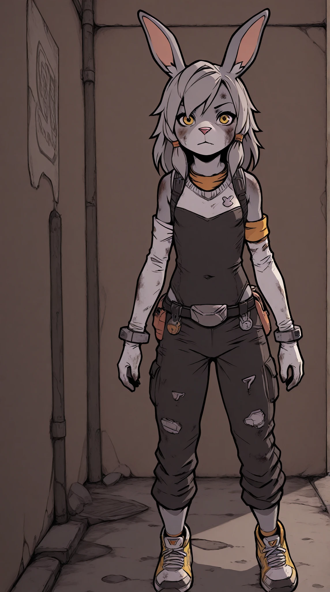 score_9,score_8_up,score_7_up,score_6_up,score_5_up,score_4_up,source_furry,furry,anthro,detailed face eyes and white fur, femboy, white rabbit, white long hair, dirty alley, neon signs, neon light. looking at viewer, small breasts, blue and yellow eyes. elbow-length gloves, in cuffed pants, sneakers, bodysuit, grey fur. Full body. Flat color.