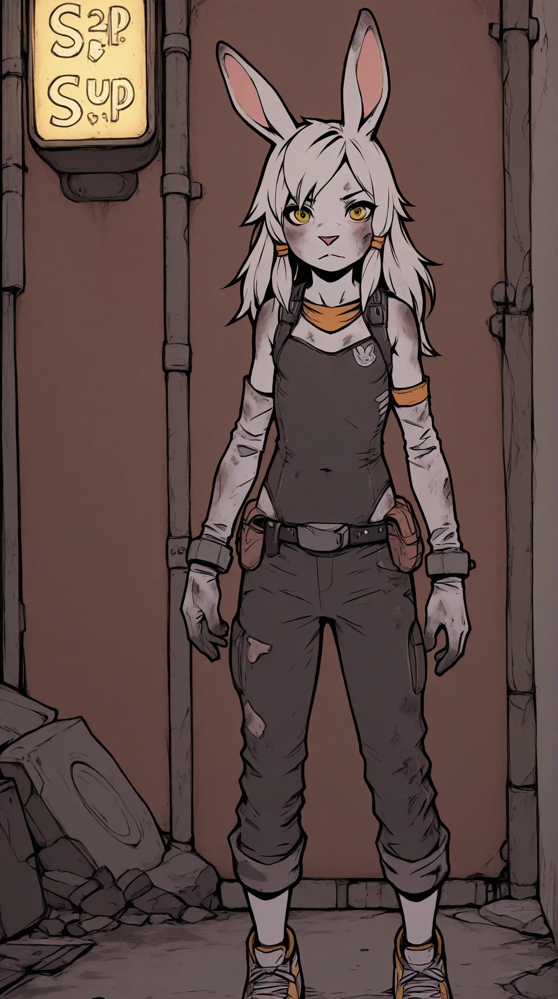 score_9,score_8_up,score_7_up,score_6_up,score_5_up,score_4_up,source_furry,furry,anthro,detailed face eyes and white fur, femboy, white rabbit, white long hair, dirty alley, neon signs, neon light. looking at viewer, small breasts, blue and yellow eyes. elbow-length gloves, in cuffed pants, sneakers, bodysuit, grey fur. Full body. Flat color.