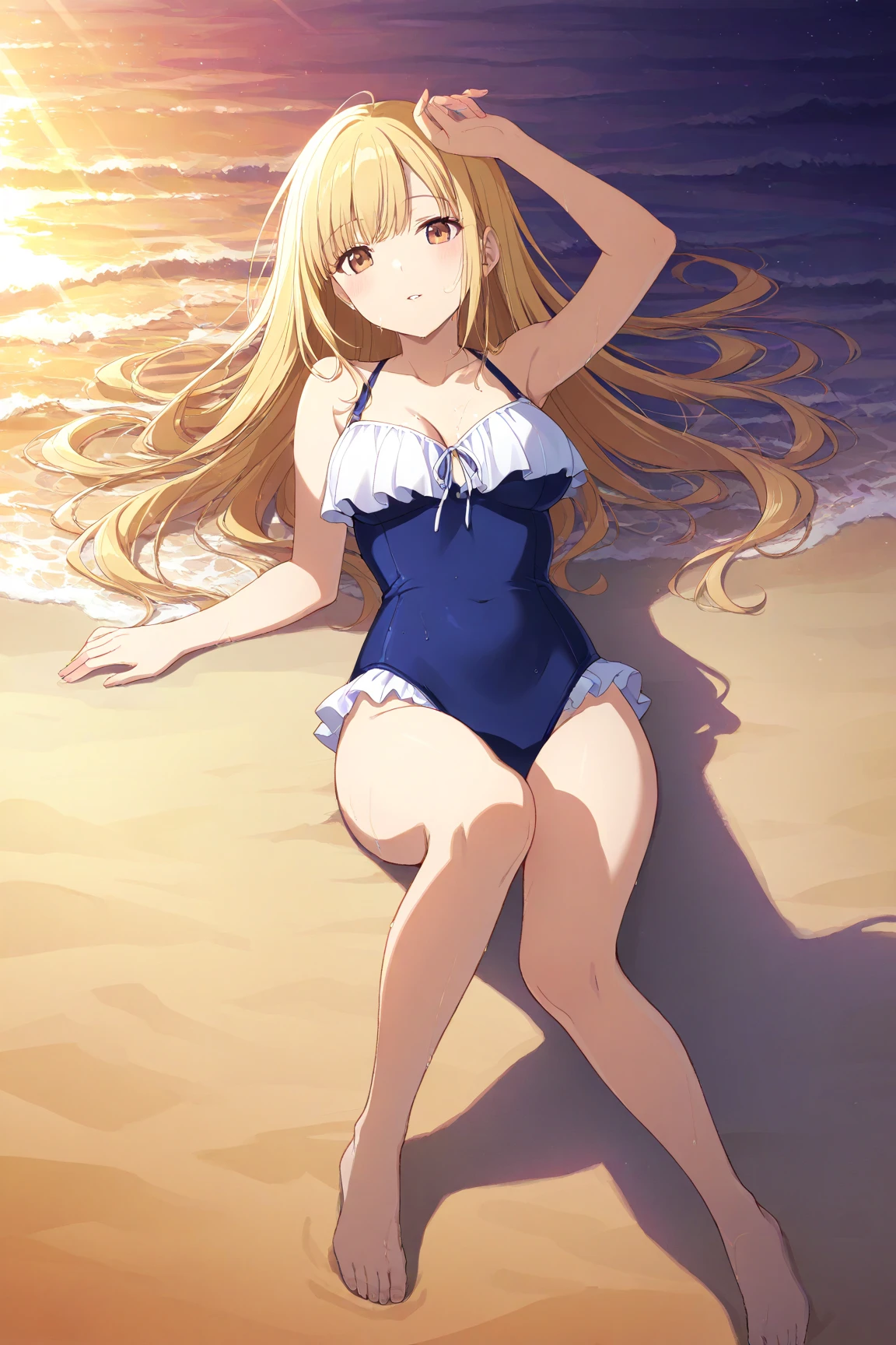 ((zero no tsukaima anime art, masterpiece, 4k, extreme quality)). 
The theme is pool party.
The setting is a pool, it is extremely detailed, full of different teen girls around the scene, it's daytime, the setting is giant, the view of the scene is complete and far, without blurring. 
A girl, only one, 9 years old, she is 145 centimeters tall, her shiny blond hair is extremely long, wonderful face, green eyes, she wears a very Very Very short bikini, She is very thin, flat breasts, very thin waist, wide hips, big round ass, wonderful curves, shy behavior, sensual pose, fullbody.
the atmosphere is hot.
Complete view of the scene.