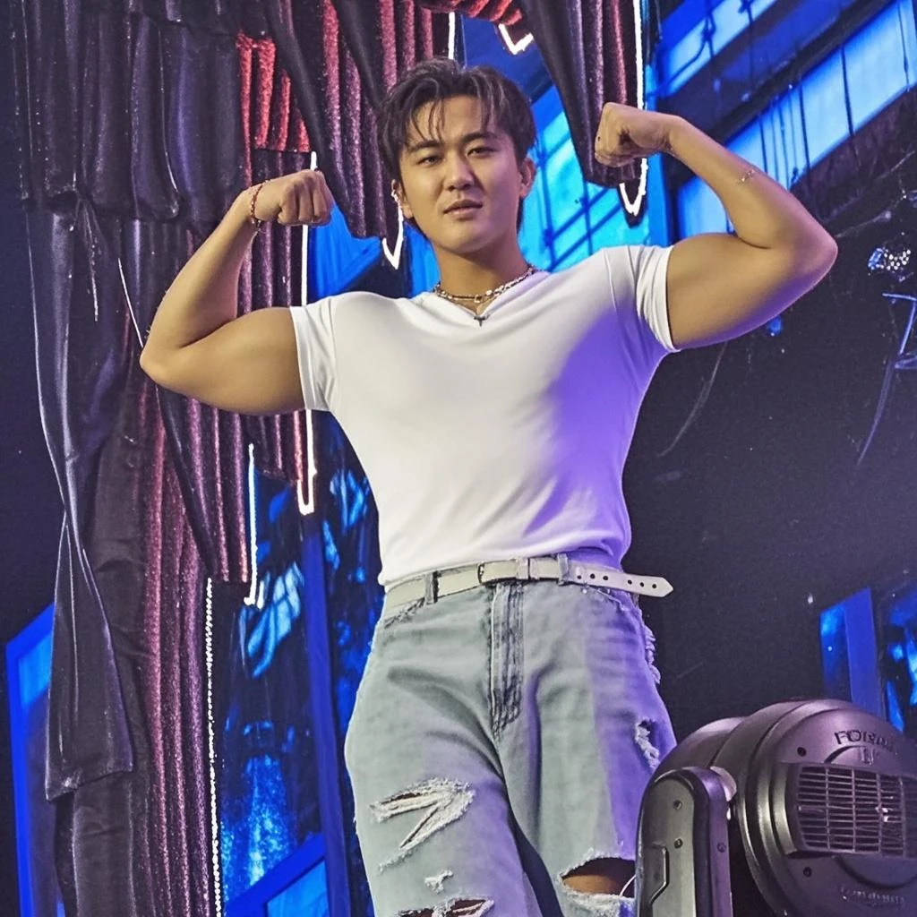 35 year old male idol, of Chinese-Japanese ethnicity, short hair shaved on the sides, with red tips, shirtless and marked abs, main vocalist and great dancer.