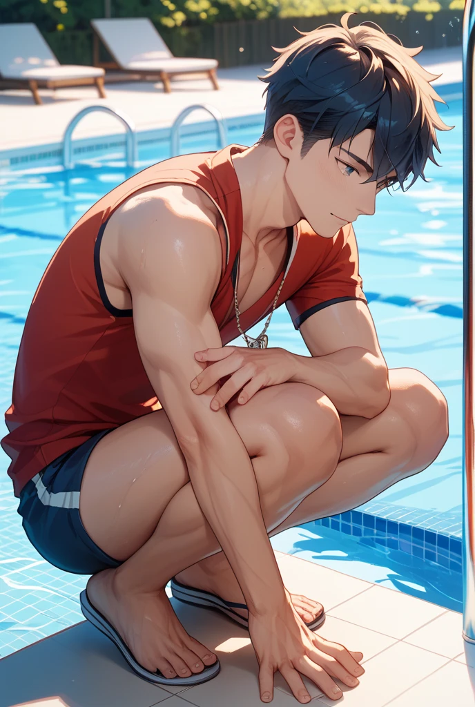 18 year old twink boy, thin body, short black hair, beautiful blue eyes, beautiful red lips, pink light swim briefs, transparent swim briefs, swimming in indoor pool, rückenschwimmen im wasser, sweet expression, sweating, belly and feet visible, toes touching the sand, (best quality,4k,8k,highres,masterpiece:1.2),ultra-detailed,(realistic,photorealistic,photo-realistic:1.37),HDR,UHD,studio lighting,ultra-fine painting,sharp focus,physically-based rendering,extreme detail description,professional,vivid colors,bokeh,portrait