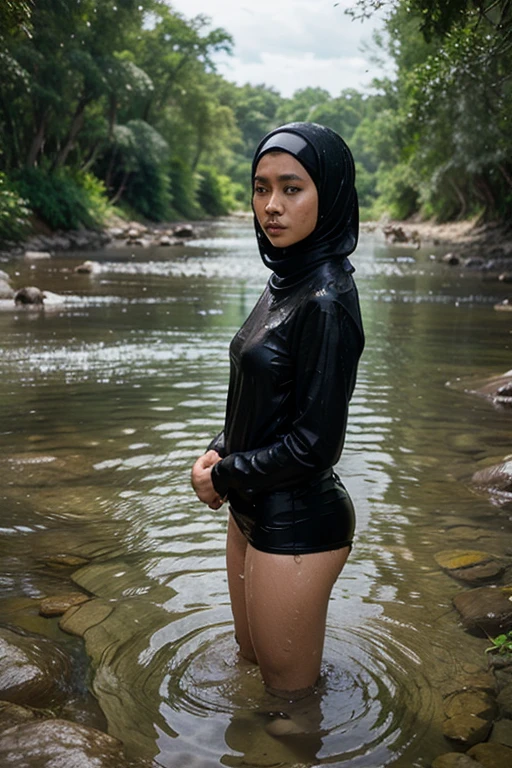 Women wearing hijabs, without clothes, naked, smooth breasts, wet bodies