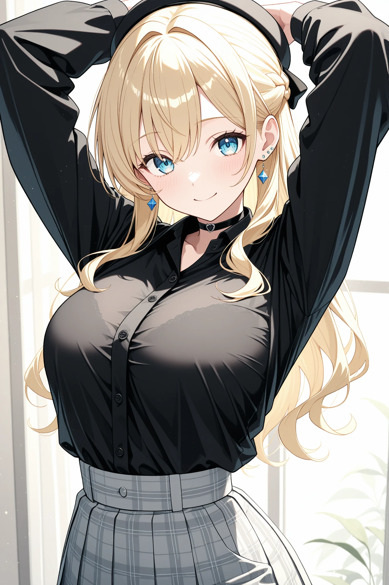 a beautiful girl with hair long blonde hair, blonde's hair accents, and kawaii features, with visible eyes partially covered by bangs, large breasts, Blue sky slanted eyes, long bangs covering one eyes, (Must wear a long black skirt, wear a tight black corset, wear an elegant, noble white shirt, aristocratic style) posing with a soft smile white background with the right eye visible Beautiful perfect eyes, (The pose of the right hand holding a waist, the pose of the left hand hanging down,) Hands down pose Standing pose
