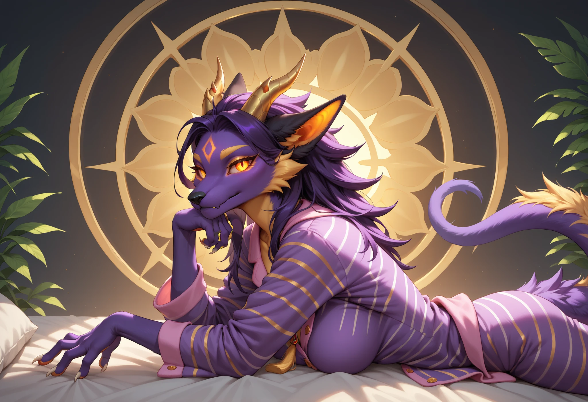 alone, score_9,score_8_up,score_7_up, anthro, female, Eothos, looking at viewer, fluffy fur, furred dragon, golden mark on forehead, front half of body black with golden stripes, black long black ears, long straight golden horns, golden glowing eyes without pupils, two purple stripes under eyes, golden eyebrows, long white claws on paws, long purple tail with white stripes, white tassel at end of tail,seductive, fluffy, fluffy fur, pajamas, covered with a blanket with his head, side view, detailed background