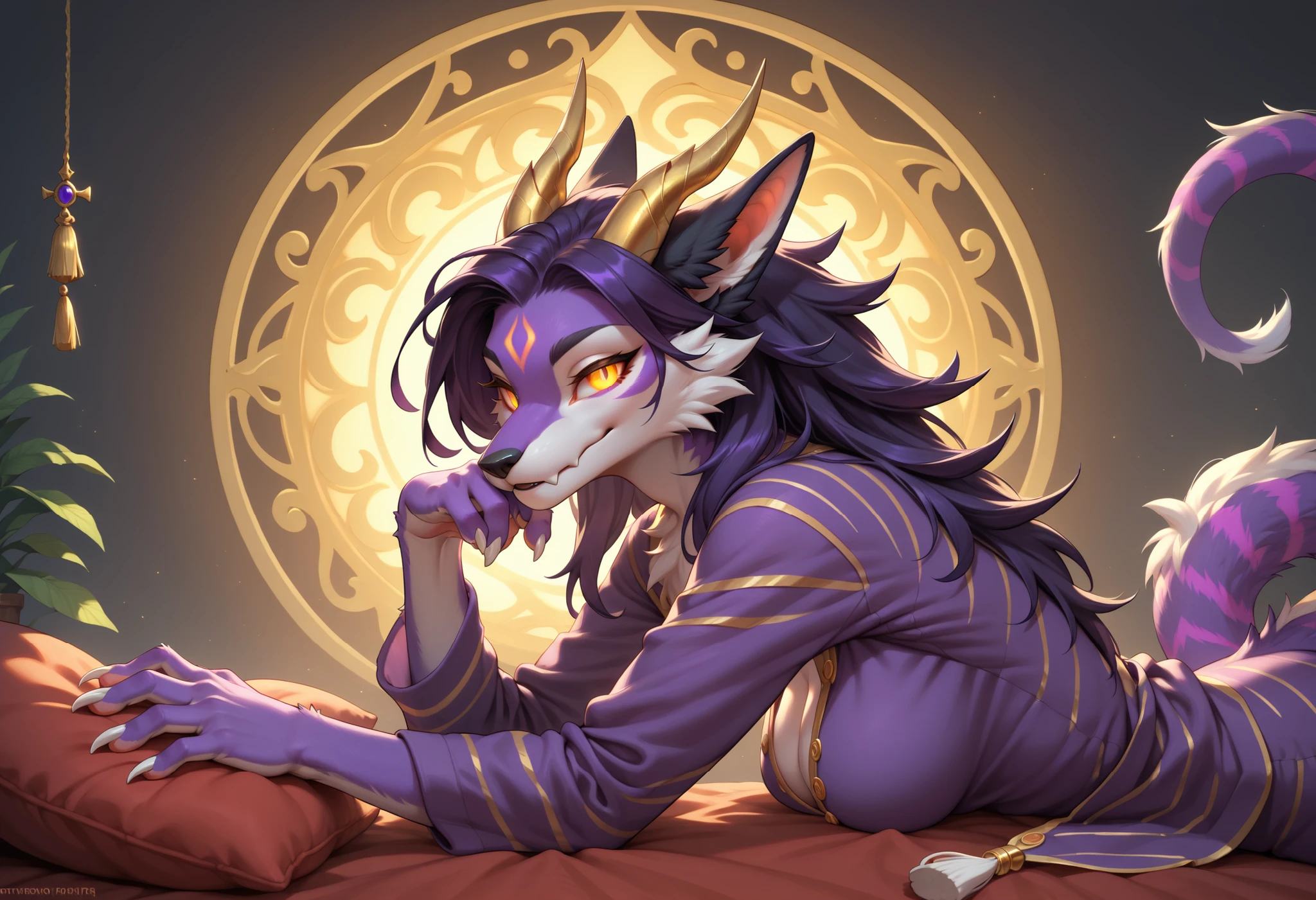 alone, score_9,score_8_up,score_7_up, anthro, female, Eothos, looking at viewer, fluffy fur, furred dragon, golden mark on forehead, front half of body black with golden stripes, black long black ears, long straight golden horns, golden glowing eyes without pupils, two purple stripes under eyes, golden eyebrows, long white claws on paws, long purple tail with white stripes, white tassel at end of tail,seductive, fluffy, fluffy fur, pajamas, covered with a blanket with his head, side view, detailed background