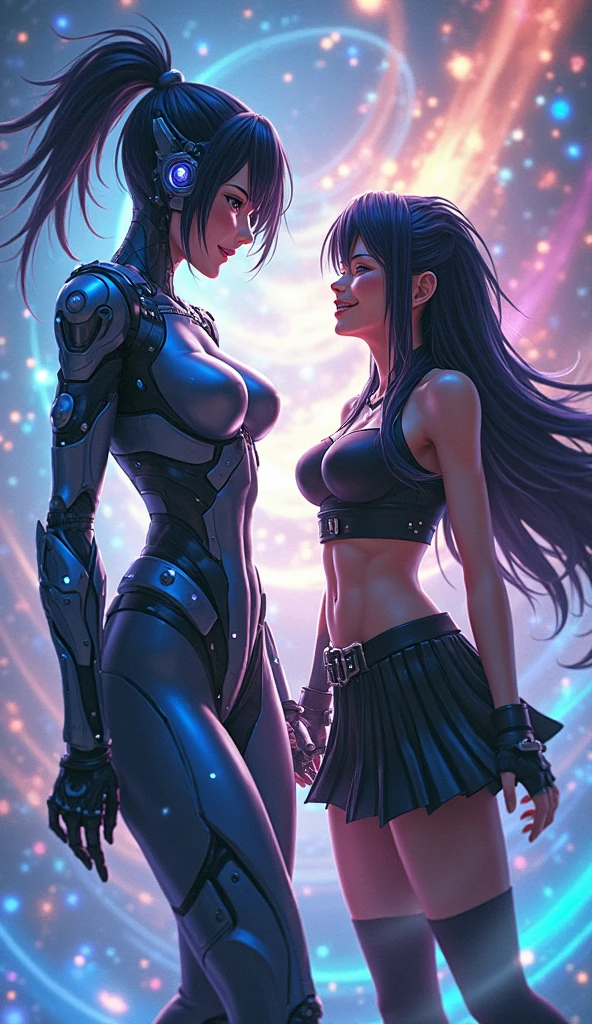 anime, two girls, a woman in a black leather outfit with blue hair and blue eyes, seductive tifa lockhart jet black haired cyberpunk girl. and, a woman in armor, knight female, girl in knight armor, female knight, gorgeous female paladin, blone haired paladin. hugging, anime style like fate/stay night, official artwork, two beautiful anime girls, light novel cover art, fate / stay night, puce and vermillion, sakimichan and frank franzzeta, fine details. girls frontline, kantai collection style, yandere